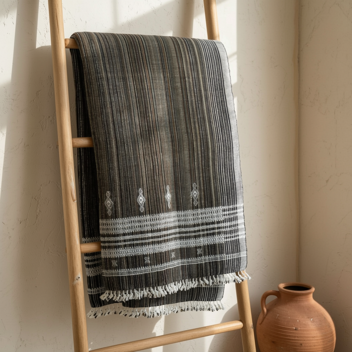 Brown Indian Wool Throw Blanket, Handwoven Sofa Coverlet with Lodge Reading Chair Layer - SPINEL