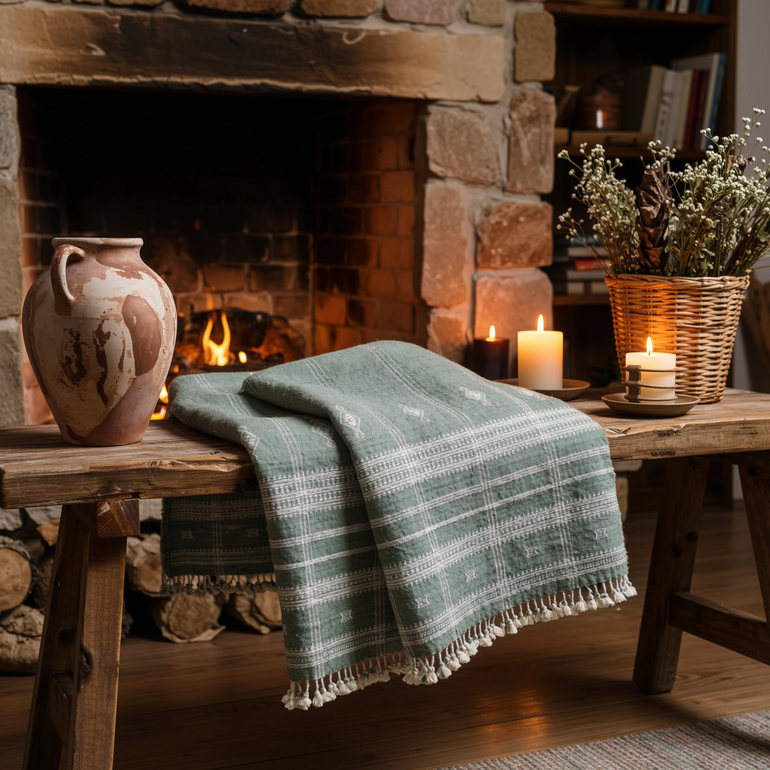 Soft Green Indian Wool Throw Blanket, Handwoven Couch Coverlet with Minimalist Bed Accent - EMRALD