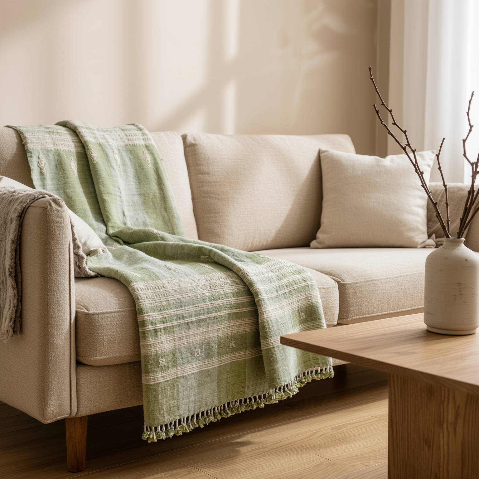 Soft Green Indian Wool Throw Blanket, Handwoven Sofa Coverlet with Quiet Calm Bedroom Layer - SAGE
