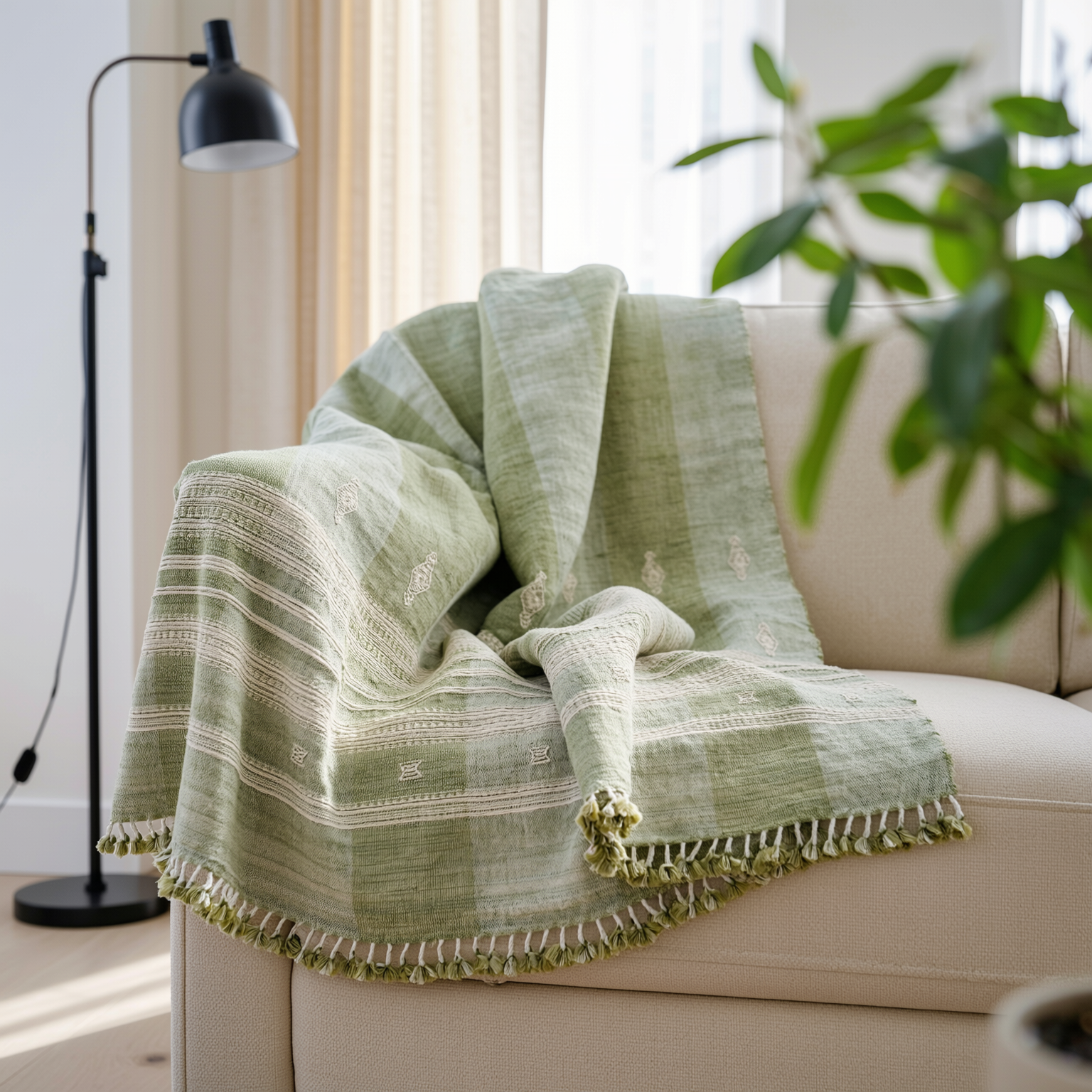 Soft Green Indian Wool Throw Blanket, Handwoven Sofa Coverlet with Quiet Calm Bedroom Layer - SAGE