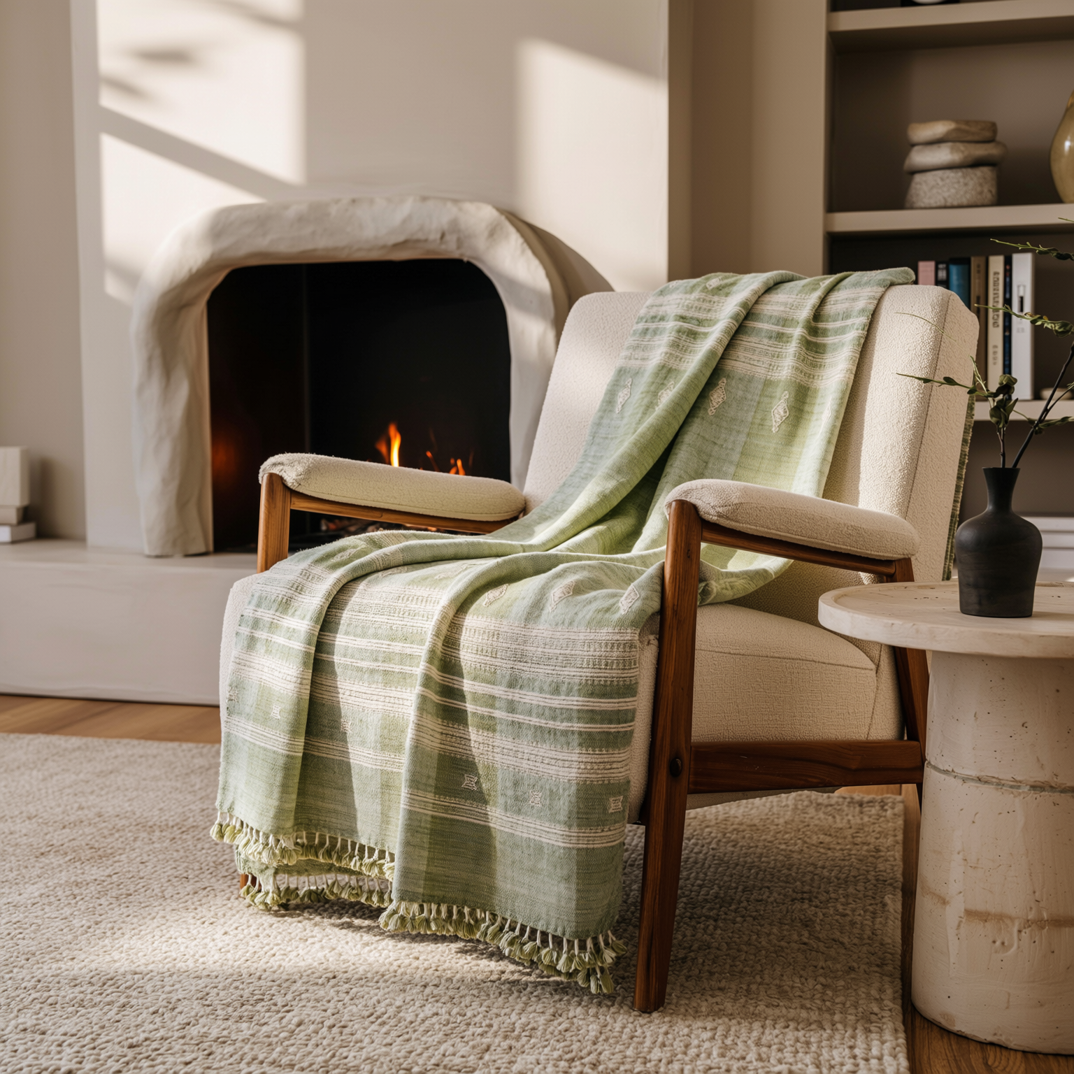 Soft Green Indian Wool Throw Blanket, Handwoven Sofa Coverlet with Quiet Calm Bedroom Layer - SAGE