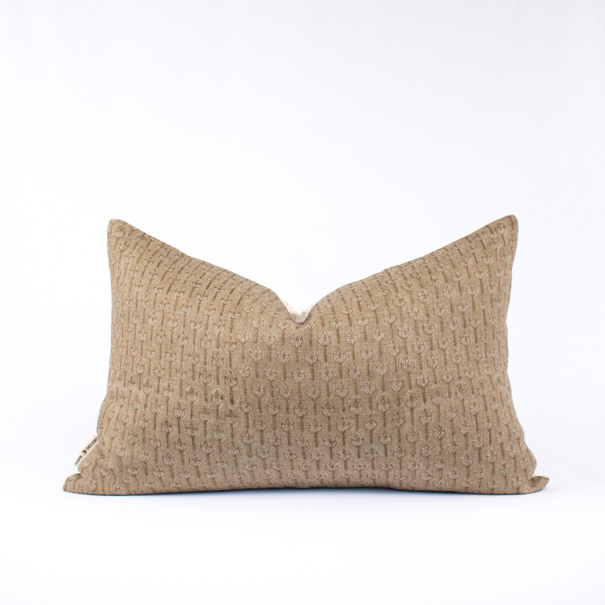 Neutral Throw Pillowcase, Blocked Indian Fabric, Floral Linen-Cotton Cushion For Cozy Boho Decor, New House Gift Ideas - ANANDI STUCCO