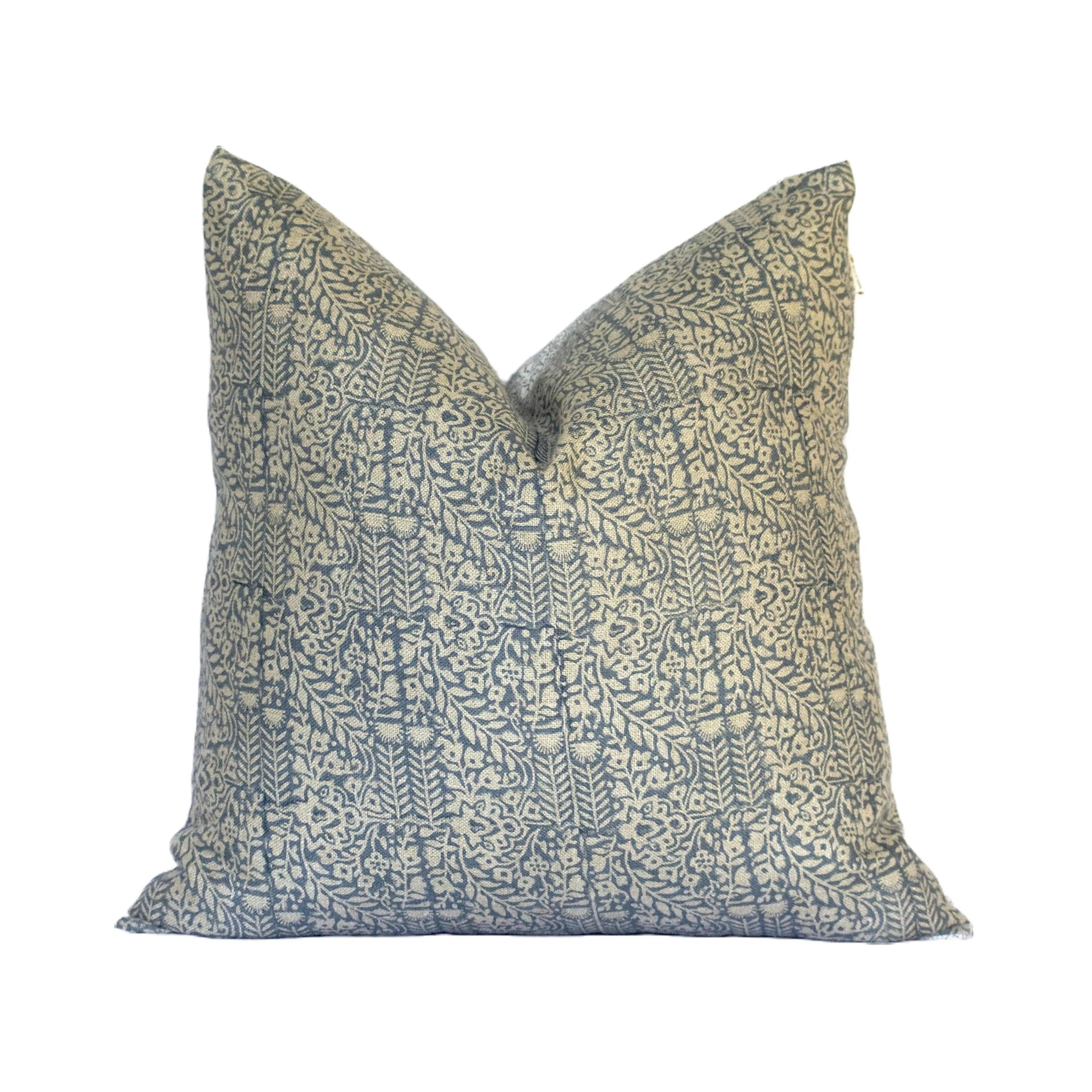 Handprinted Lower Back Pillow Cover, Floral Accent For Sofa, Cozy Lumbar Support, Artisan Design Cushion Cover, Boho Decor - LATA TEAL