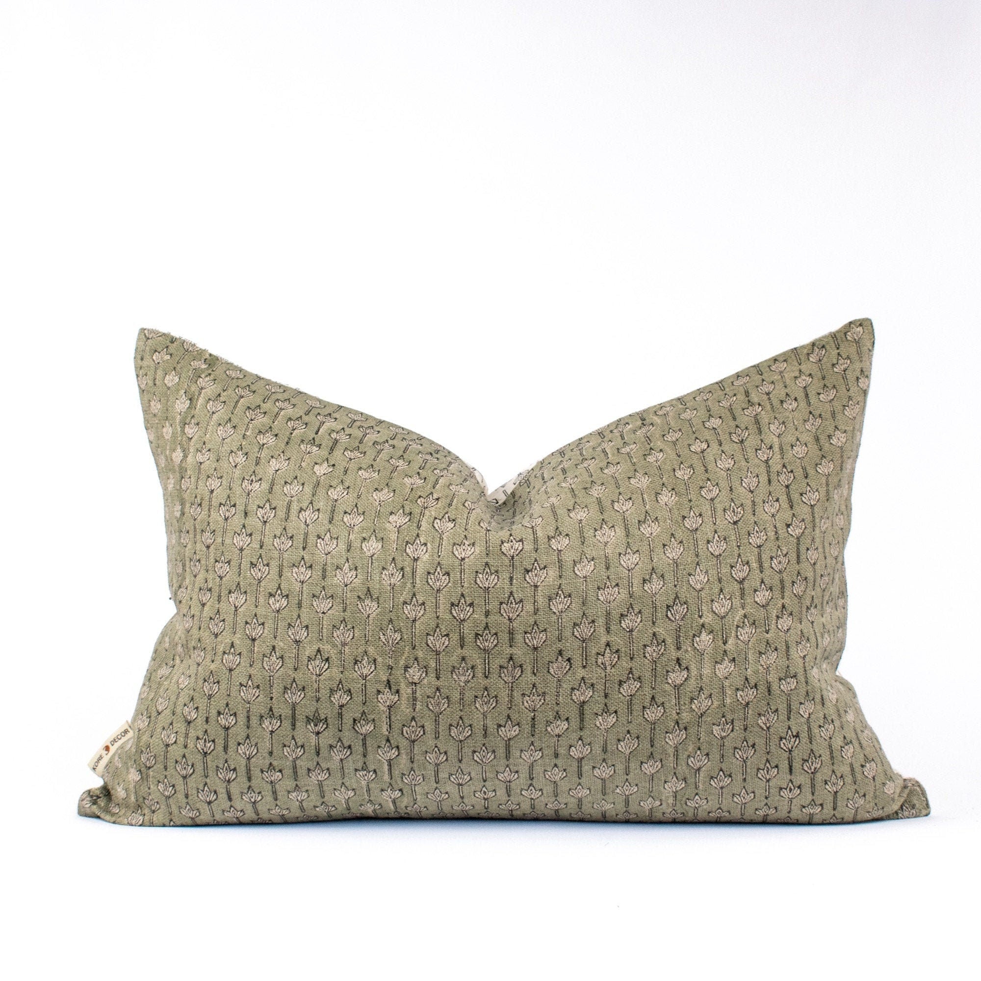Modern Throw Pillow Case, Handprinted Linen Fabric, Indian-Inspired Blockprint Design, Lumbar Cushion, Floral Pillow Cover - ANANDI FERN