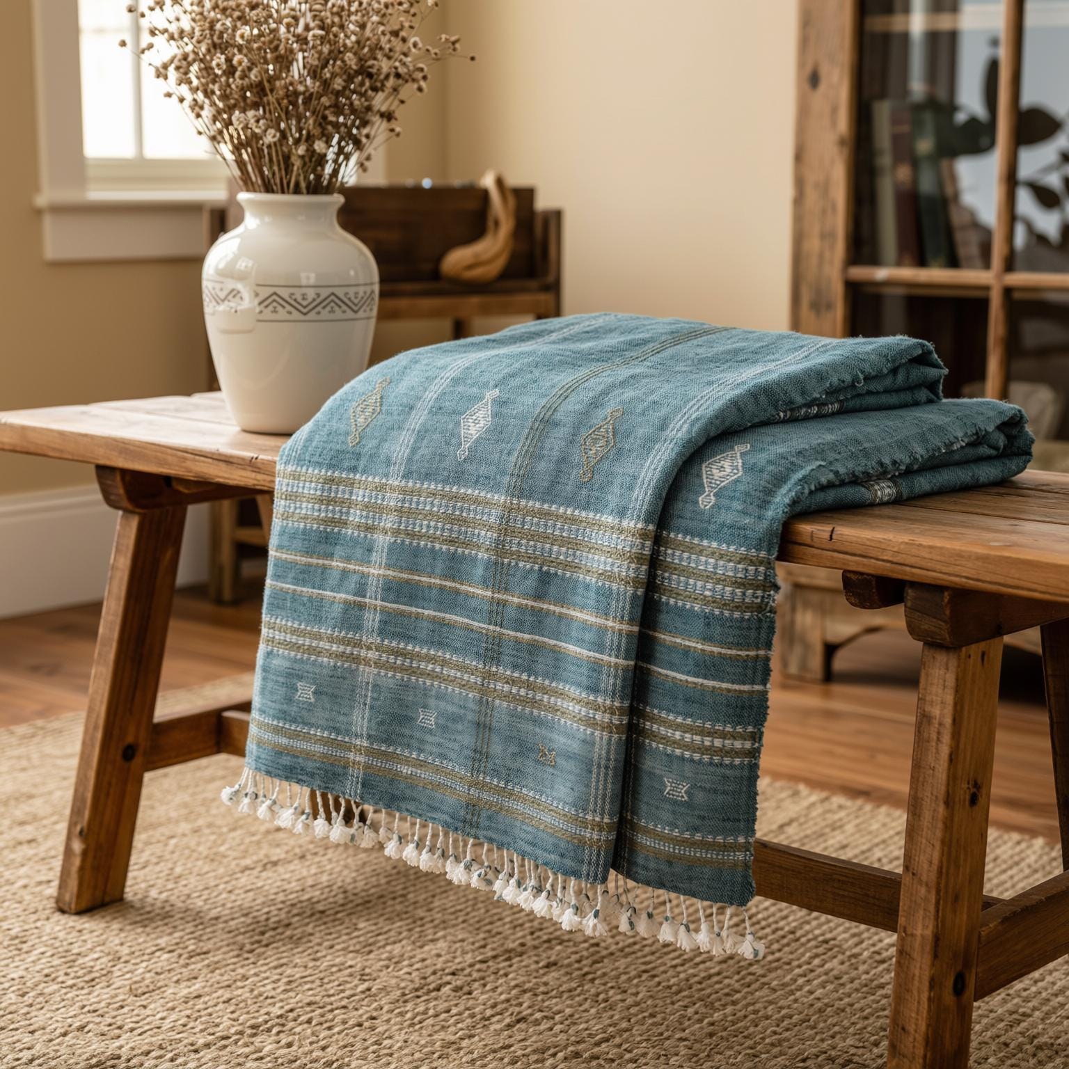 Teal Blue Wool Throw Blanket, Handmade Indian Coverlet for Sofa, Couch, Bed Runner & Boho Home Decor - LAPIS