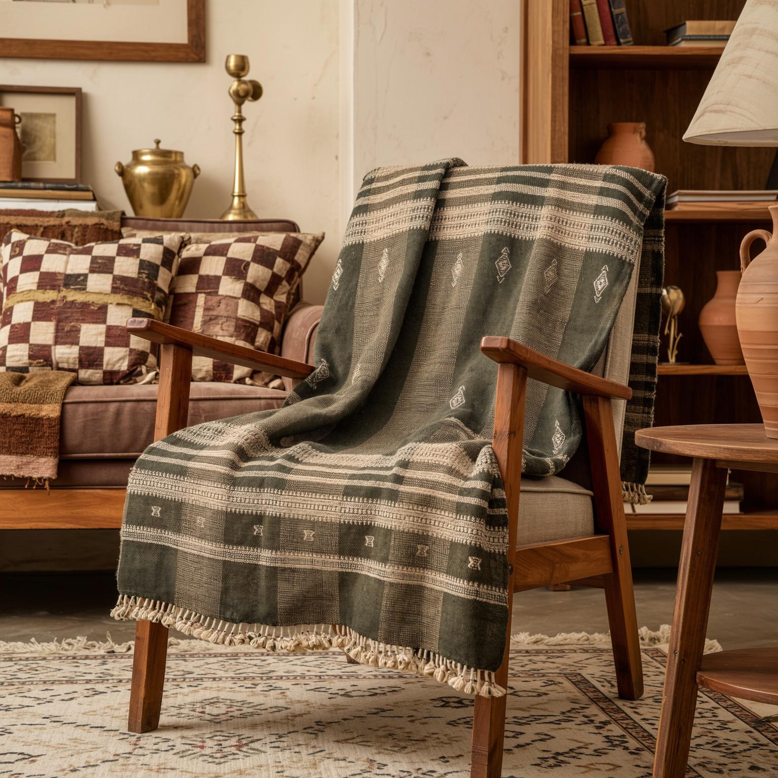 Olive Brown Indian Wool Throw Blanket, Handwoven Sofa Coverlet & Boho Bed Runner - ZARA
