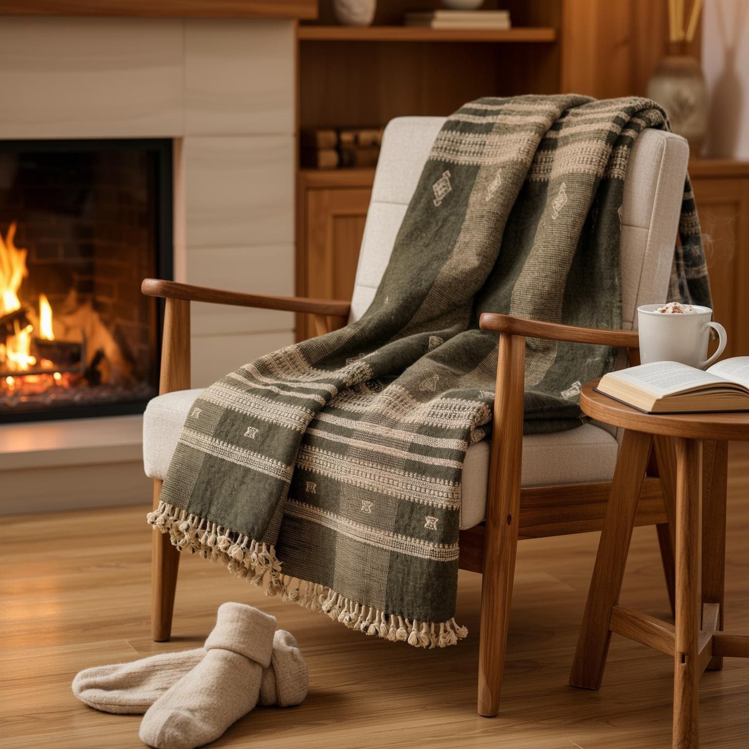 Olive Brown Indian Wool Throw Blanket, Handwoven Sofa Coverlet & Boho Bed Runner - ZARA
