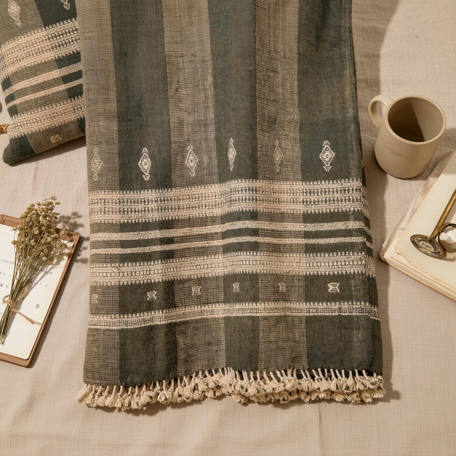 Olive Brown Indian Wool Throw Blanket, Handwoven Sofa Coverlet & Boho Bed Runner - ZARA