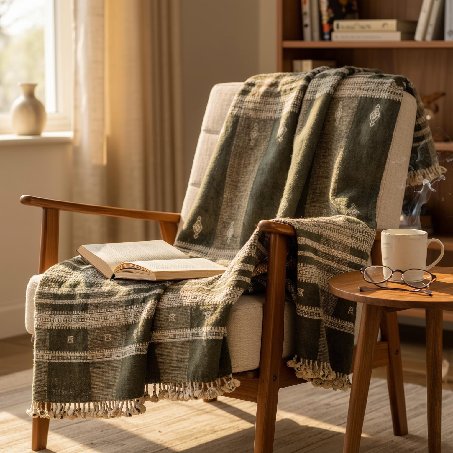 Olive Brown Indian Wool Throw Blanket, Handwoven Sofa Coverlet & Boho Bed Runner - ZARA
