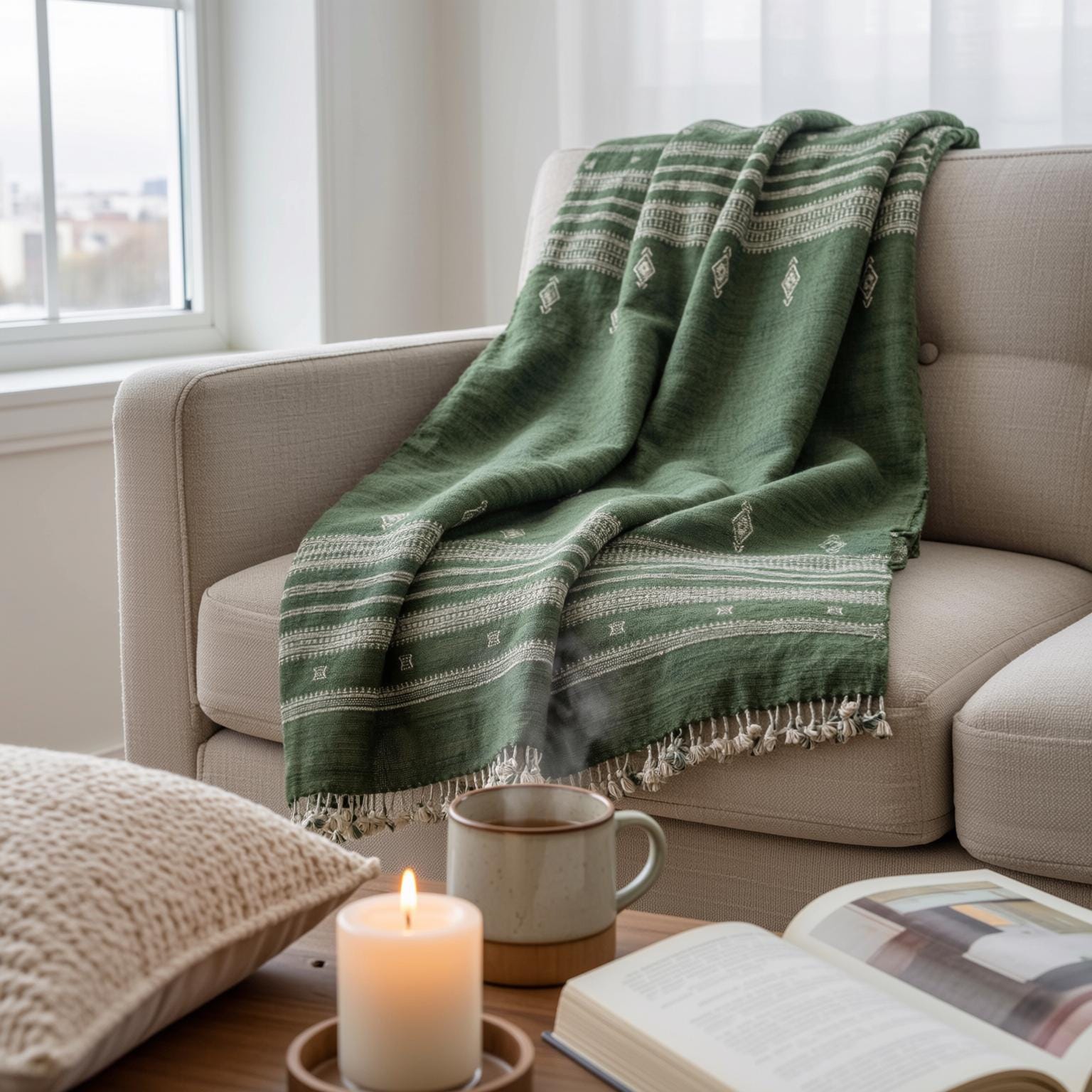 Forest Green Indian Wool Throw Blanket, Handwoven Sofa Coverlet & Boho Bed Runner - ERICA