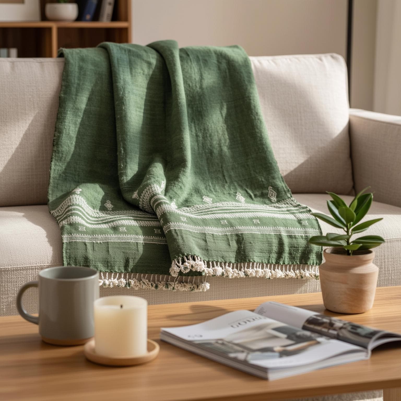Forest Green Indian Wool Throw Blanket, Handwoven Sofa Coverlet & Boho Bed Runner - ERICA