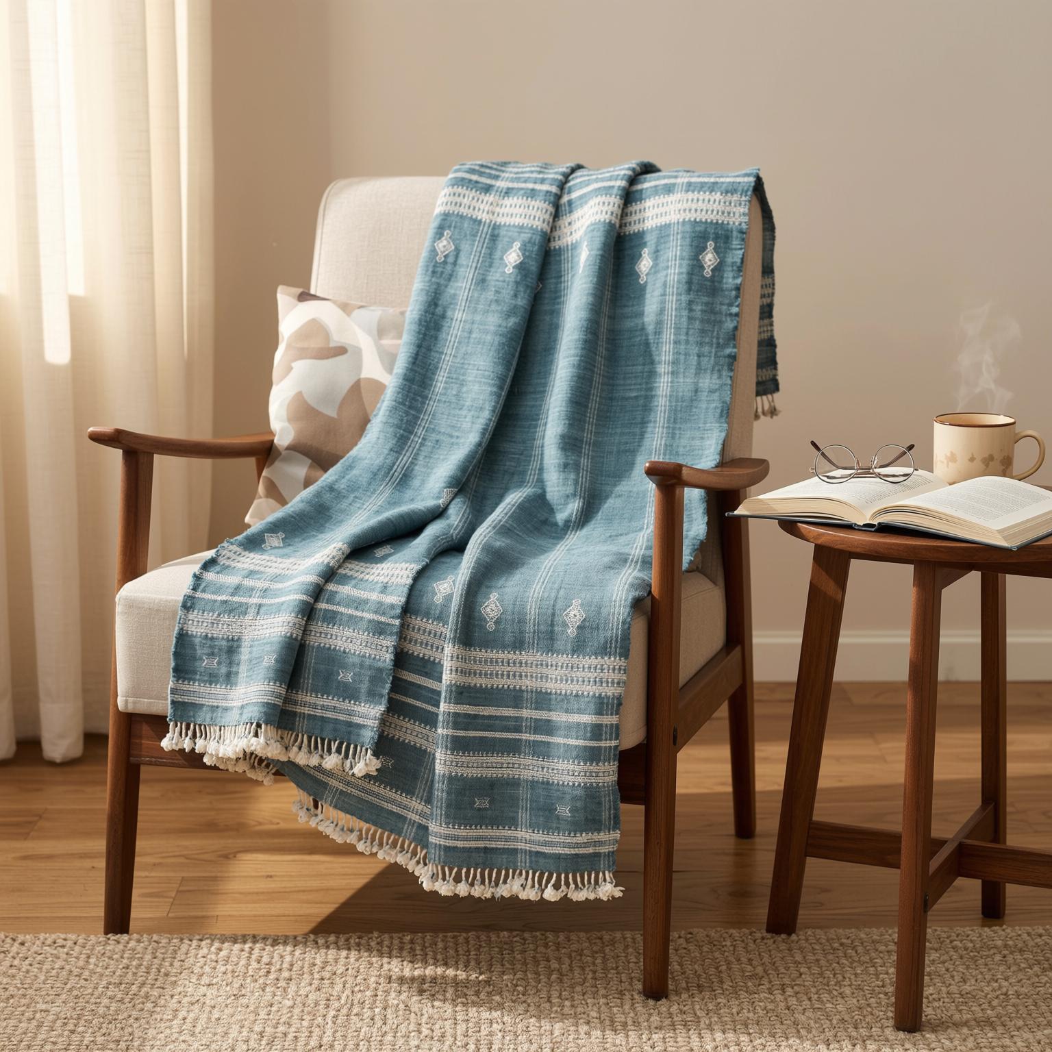 Teal Blue Indian Wool Throw Blanket, Handwoven Couch Throw & Geometric Bed Runner - TOPAS