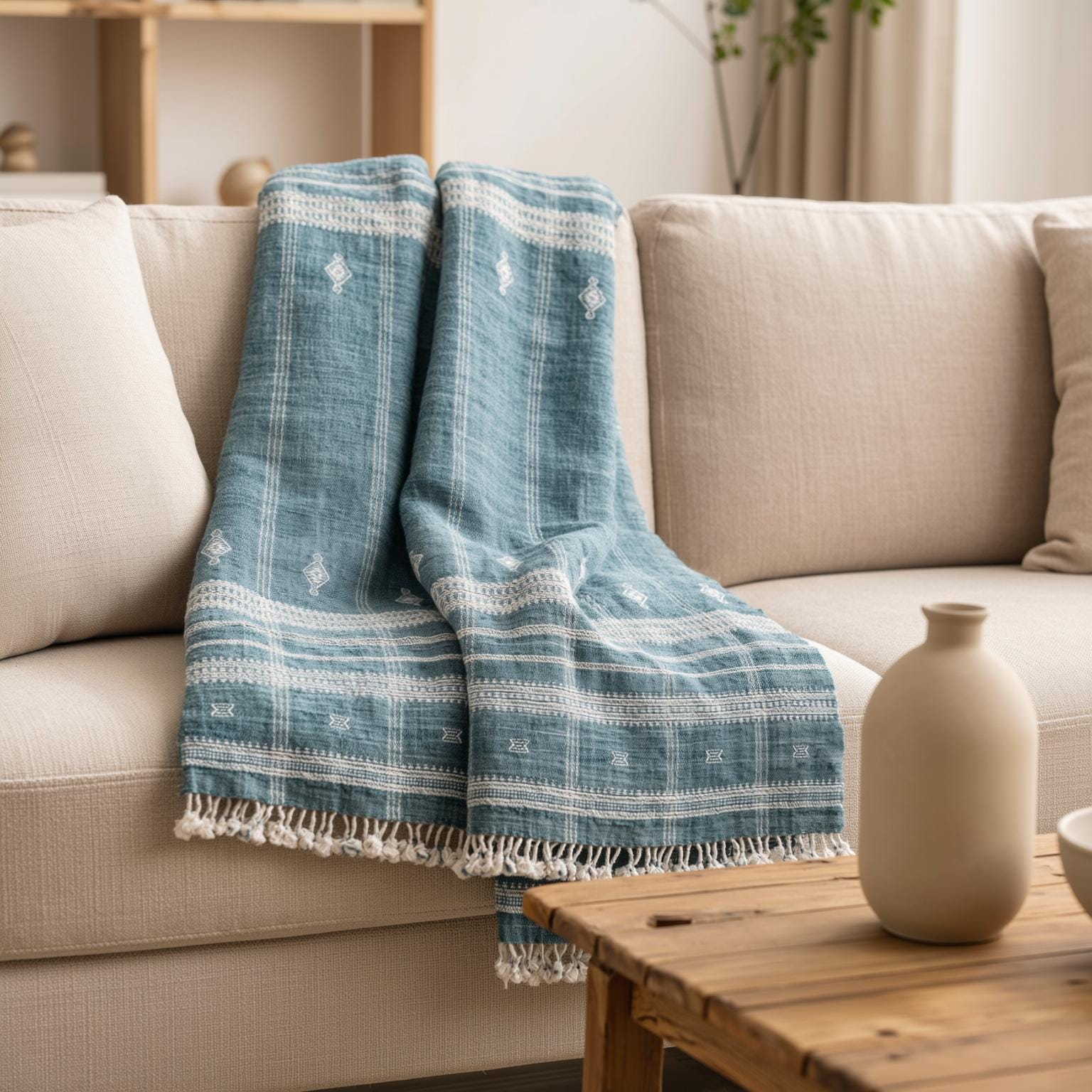 Teal Blue Indian Wool Throw Blanket, Handwoven Couch Throw & Geometric Bed Runner - TOPAS