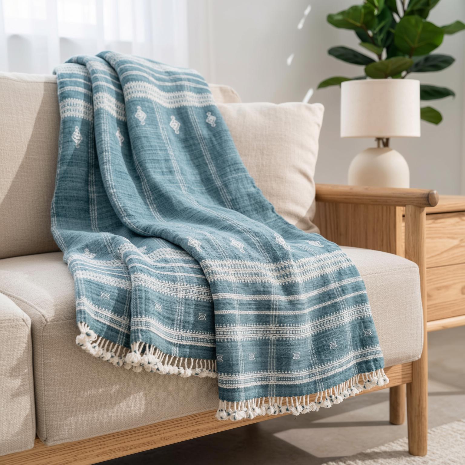 Teal Blue Indian Wool Throw Blanket, Handwoven Couch Throw & Geometric Bed Runner - TOPAS