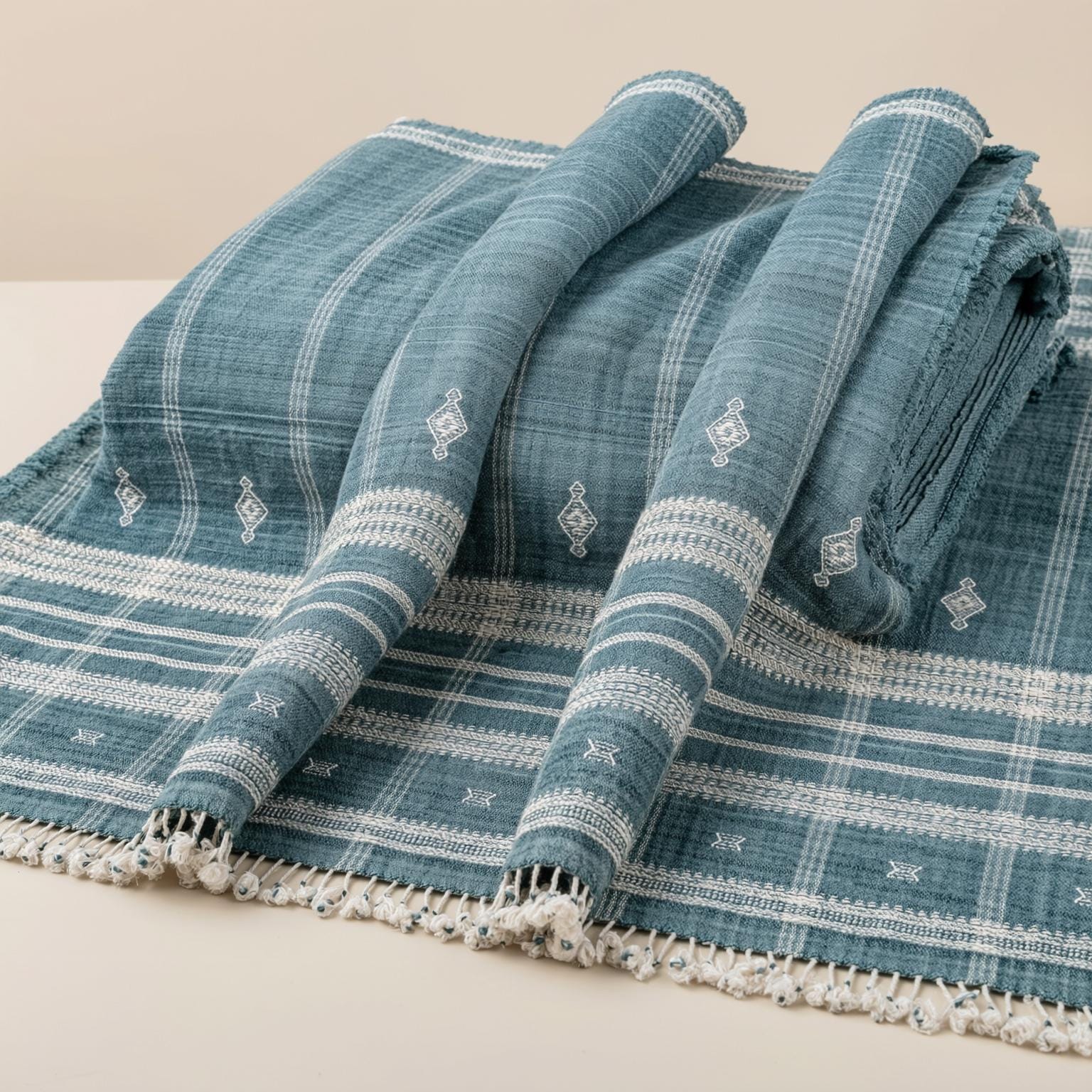 Teal Blue Indian Wool Throw Blanket, Handwoven Couch Throw & Geometric Bed Runner - TOPAS