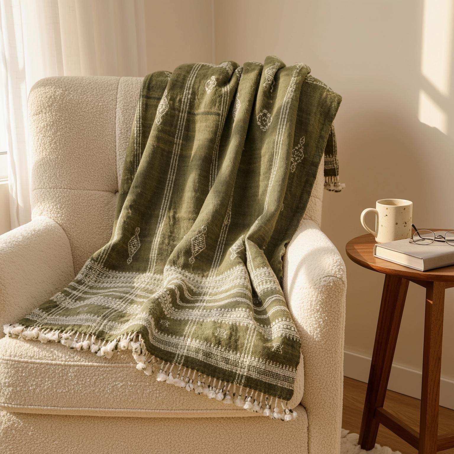 Olive Green Indian Wool Throw Blanket, Handwoven Sofa Coverlet & Boho Bed Runner - OLIVER