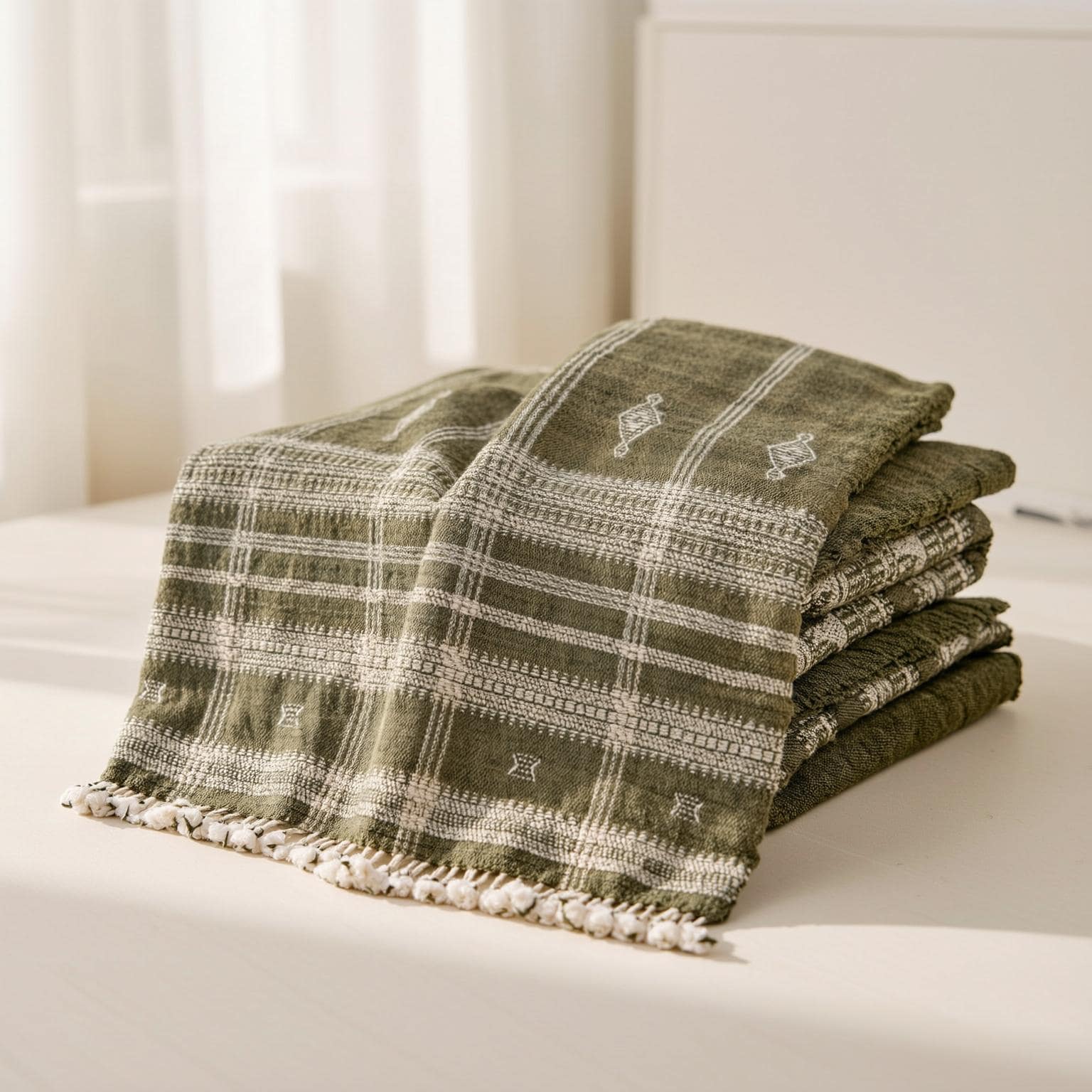 Olive Green Indian Wool Throw Blanket, Handwoven Sofa Coverlet & Boho Bed Runner - OLIVER