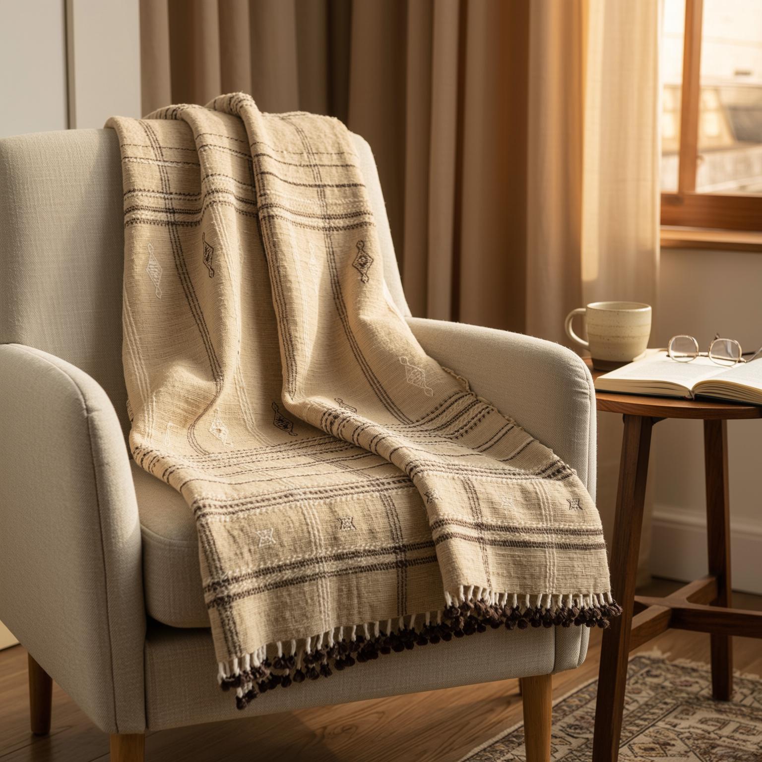Tan Beige Indian Wool Throw Blanket, Handwoven Plaid Sofa Coverlet & Bed Runner - TANISHQ