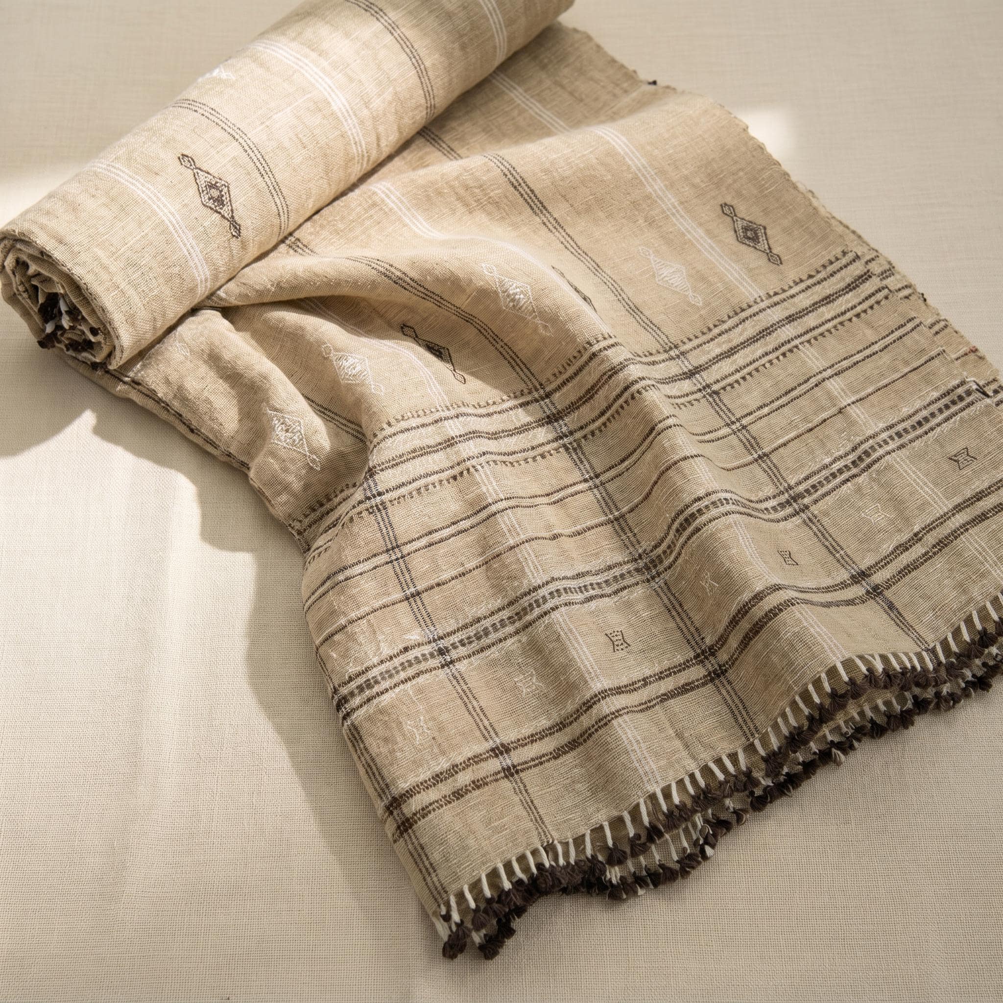 Tan Beige Indian Wool Throw Blanket, Handwoven Plaid Sofa Coverlet & Bed Runner - TANISHQ