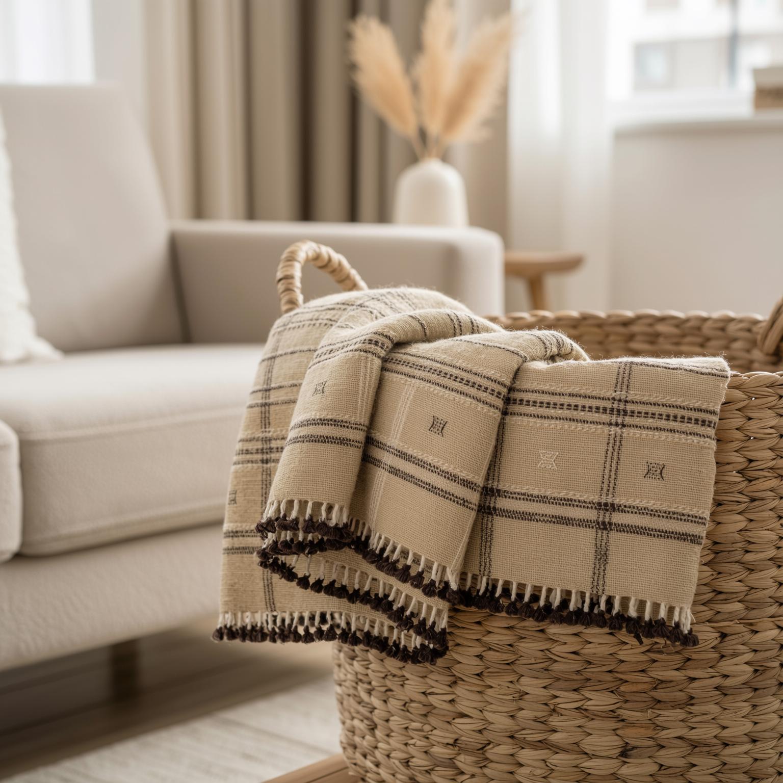 Tan Beige Indian Wool Throw Blanket, Handwoven Plaid Sofa Coverlet & Bed Runner - TANISHQ