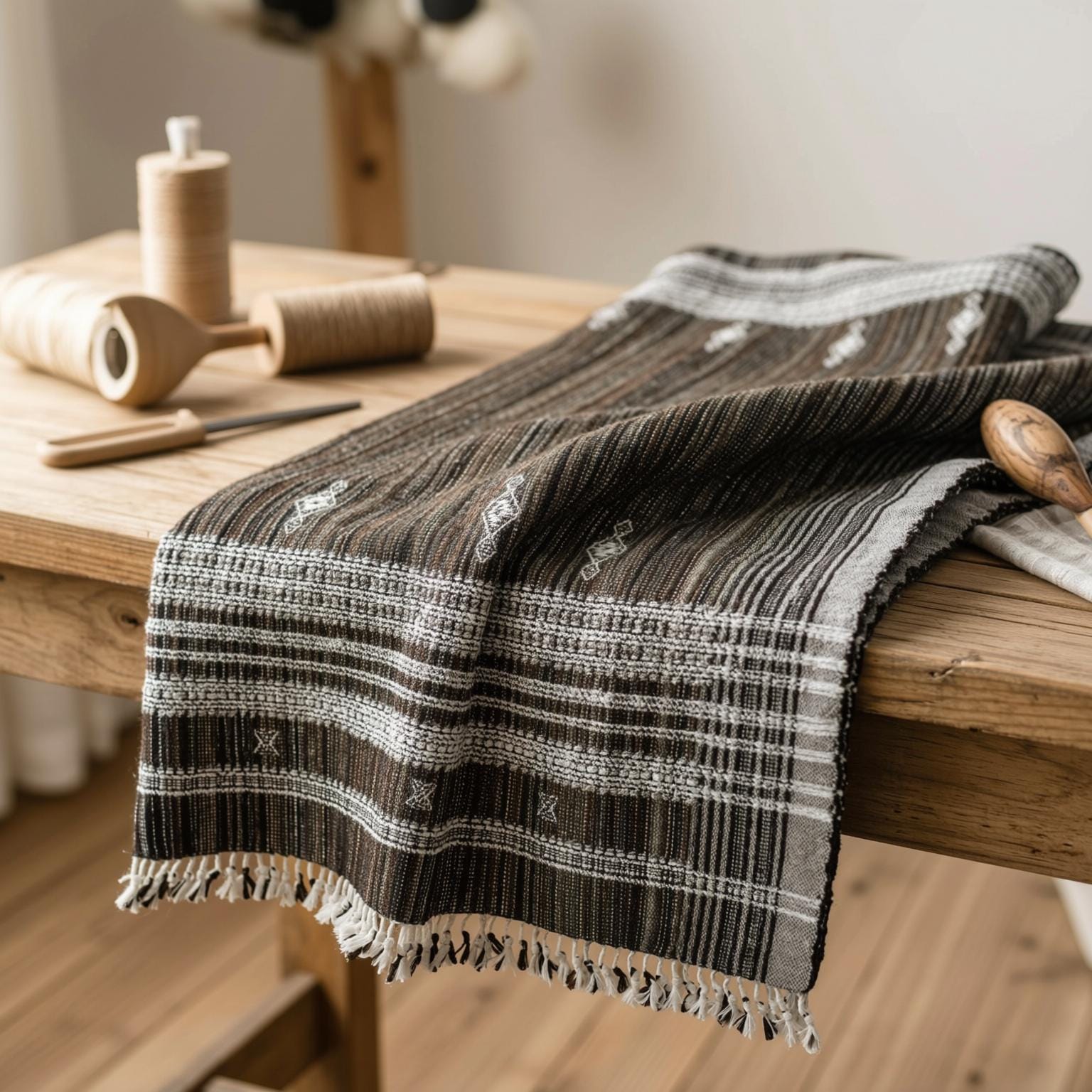 Brown Indian Wool Throw Blanket, Handwoven Sofa Coverlet & Rustic Bed Runner - SPINEL
