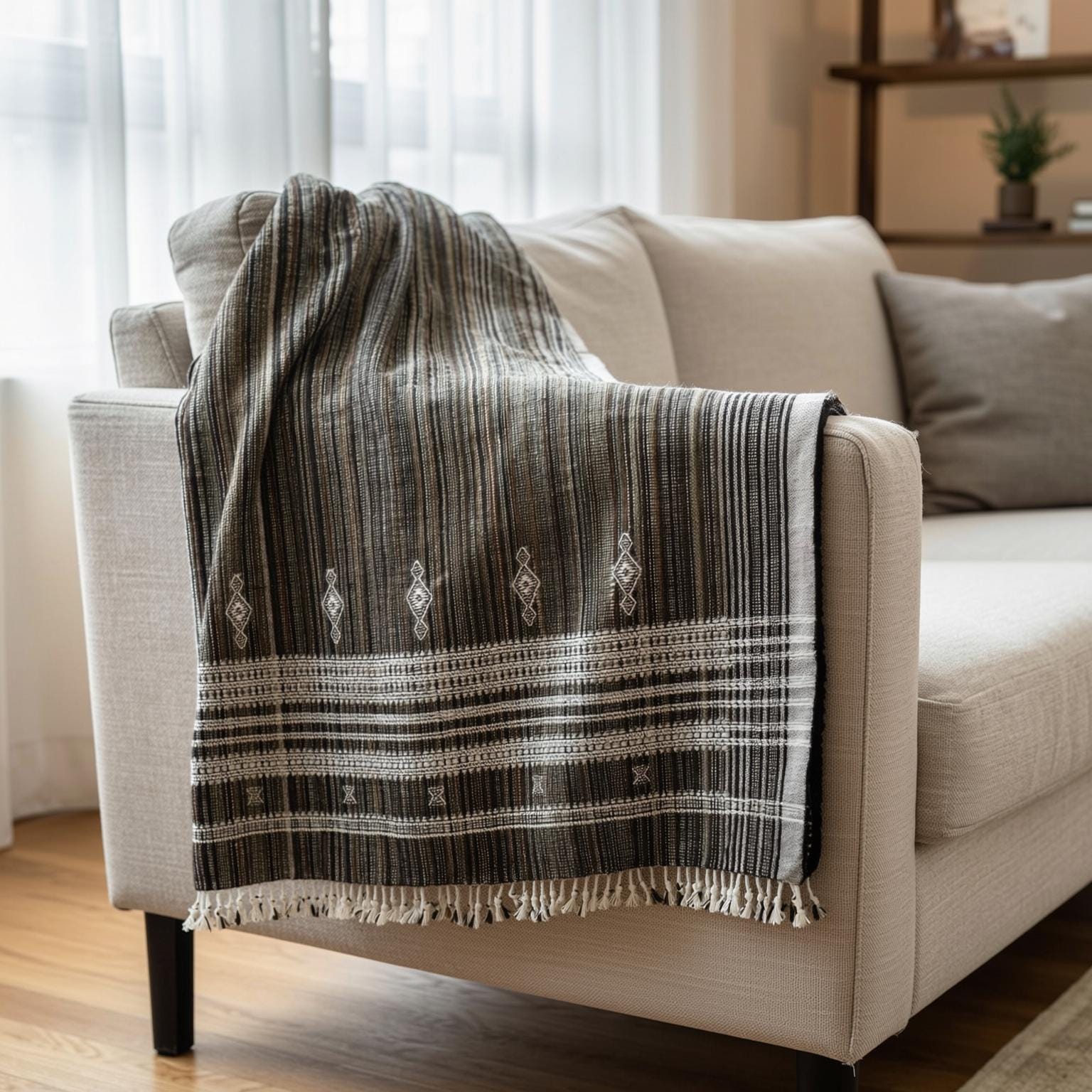 Brown Indian Wool Throw Blanket, Handwoven Sofa Coverlet & Rustic Bed Runner - SPINEL