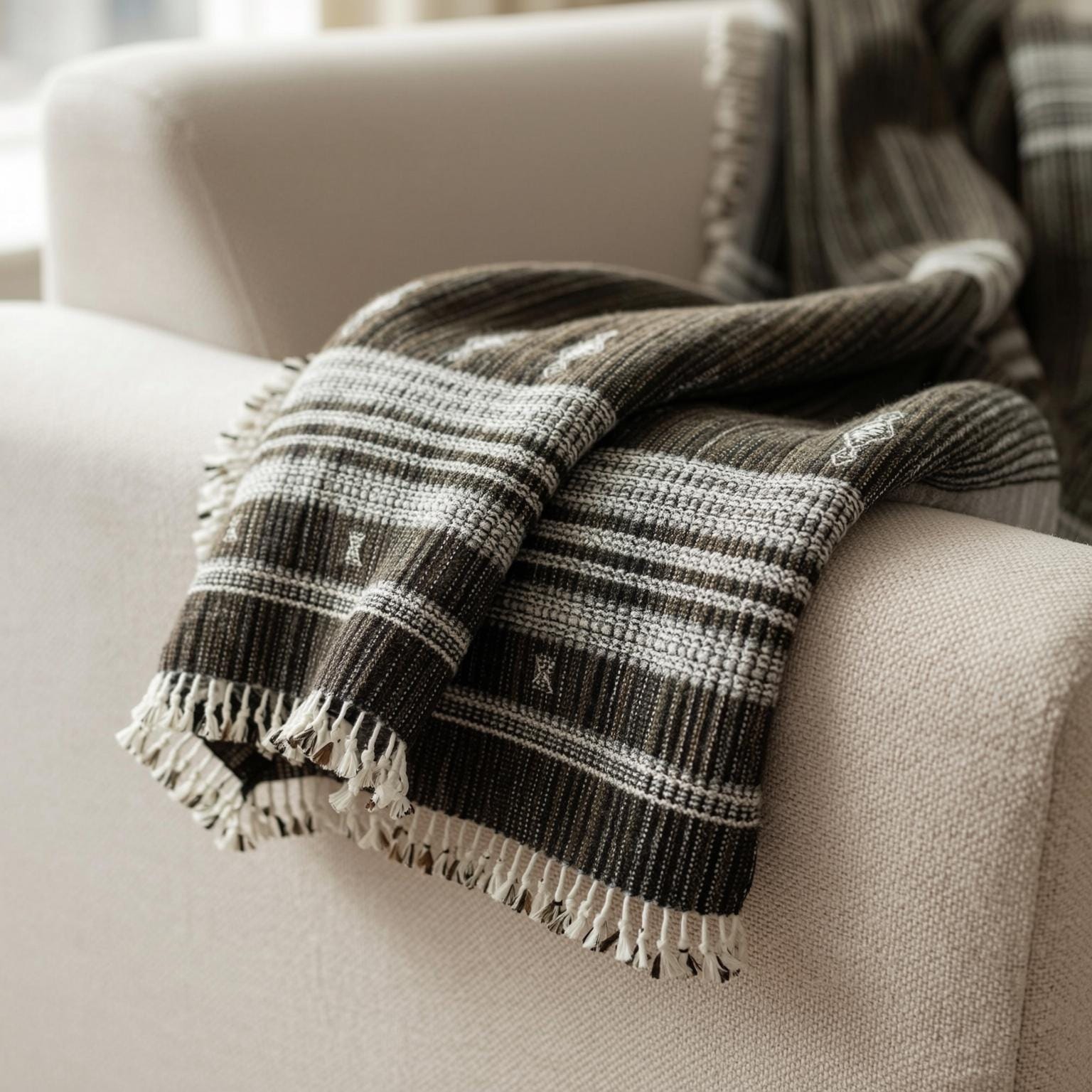 Brown Indian Wool Throw Blanket, Handwoven Sofa Coverlet & Rustic Bed Runner - SPINEL