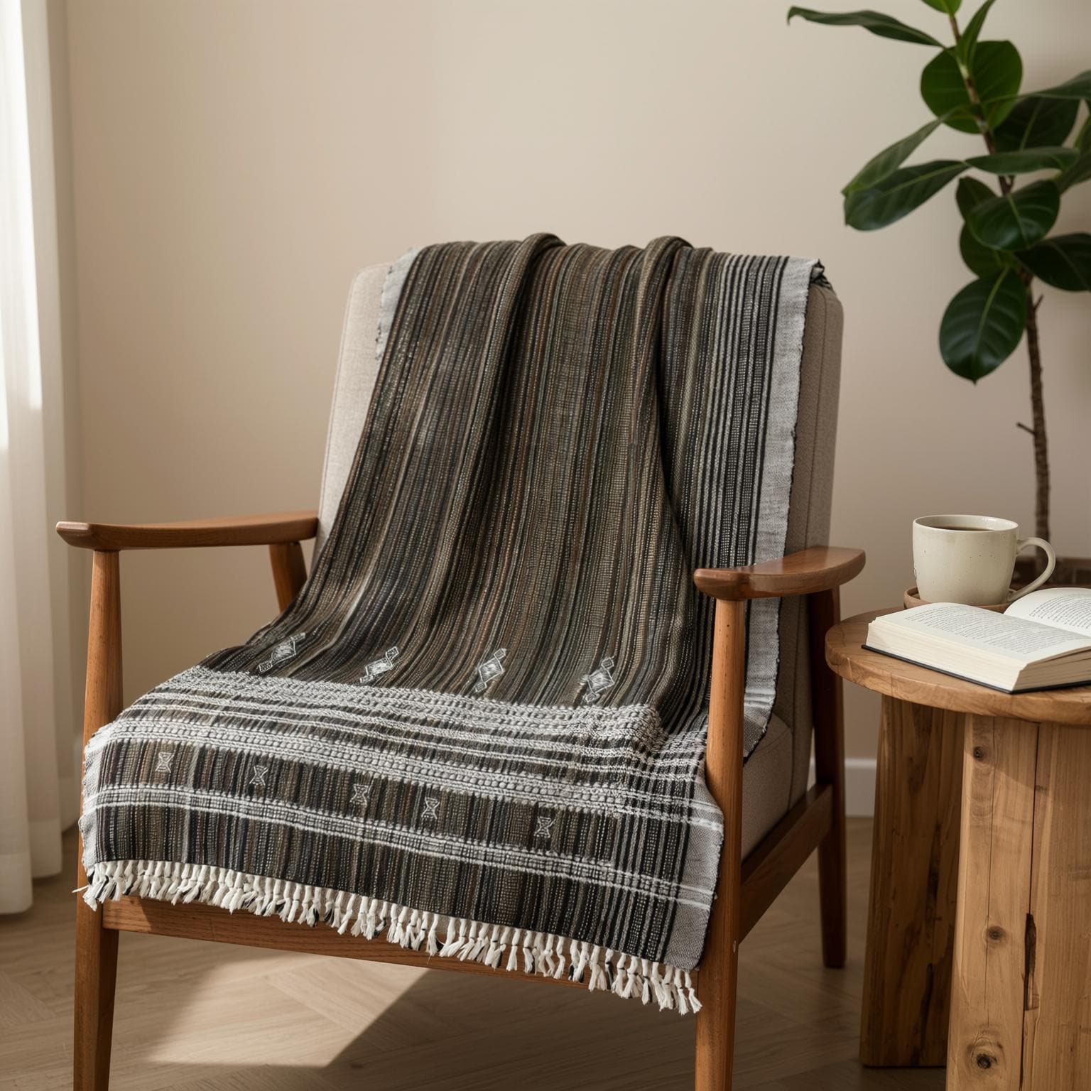 Brown Indian Wool Throw Blanket, Handwoven Sofa Coverlet & Rustic Bed Runner - SPINEL