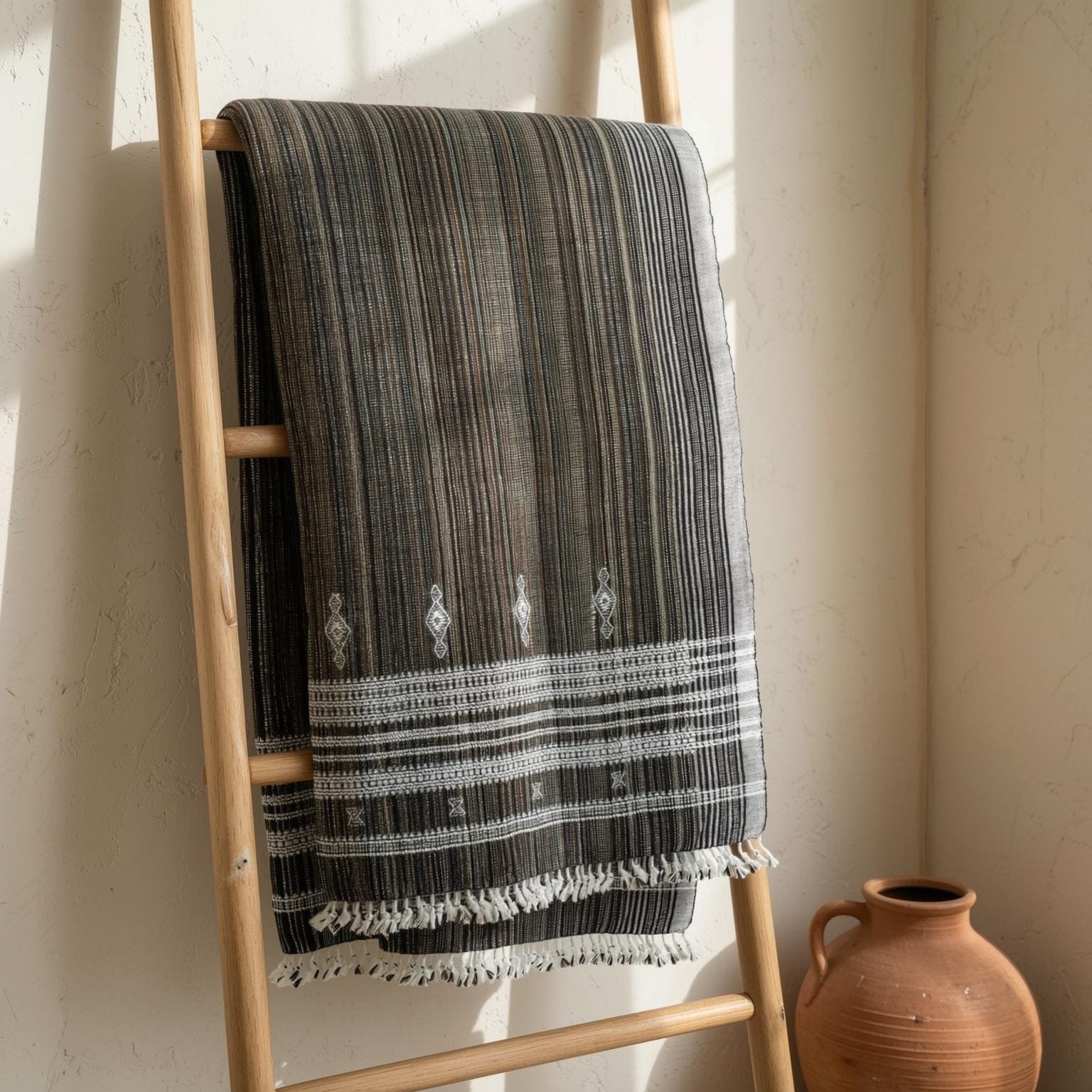 Brown Indian Wool Throw Blanket, Handwoven Sofa Coverlet & Rustic Bed Runner - SPINEL