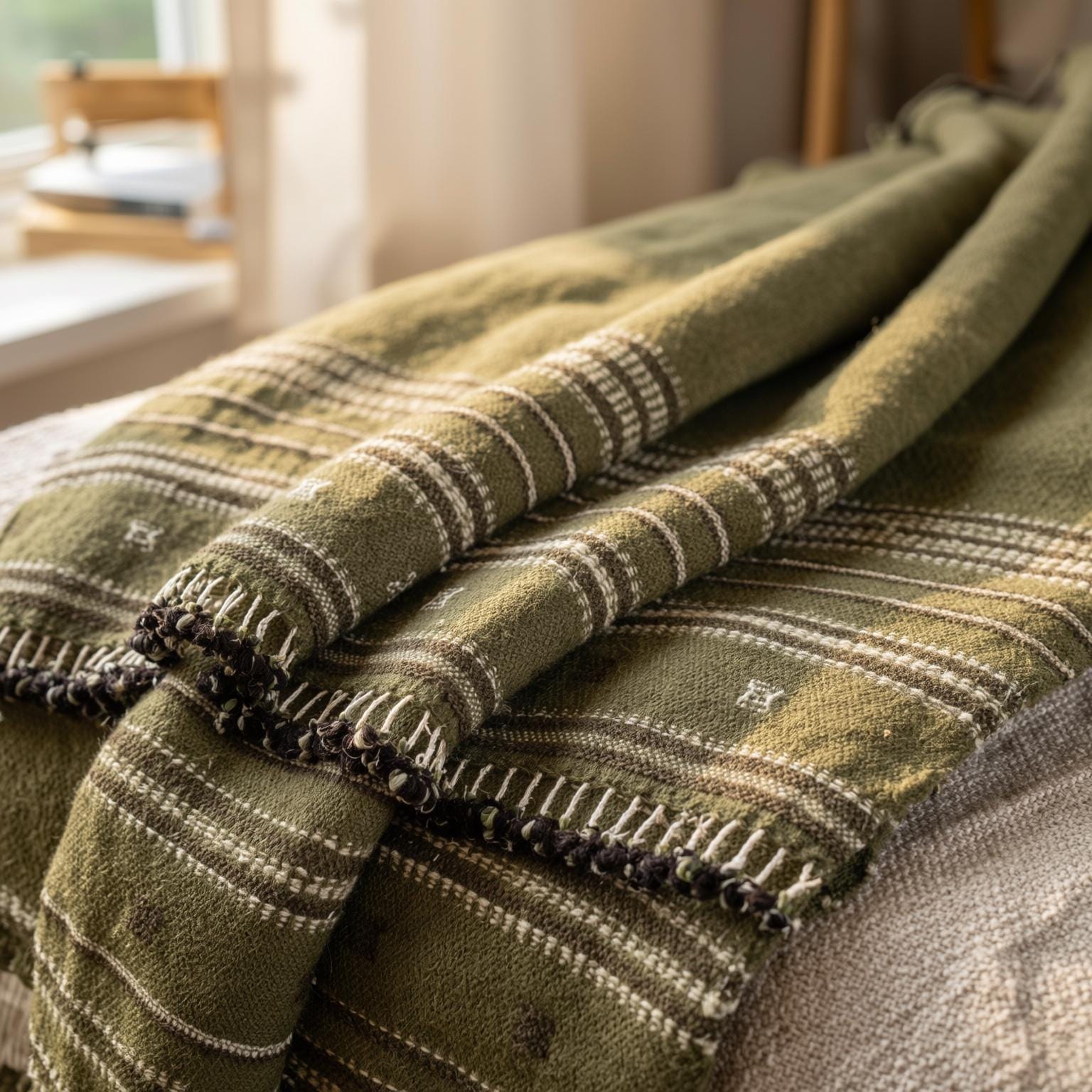 Olive Green Striped Indian Wool Throw Blanket, Handwoven Sofa Coverlet & Bed Runner - GARNET