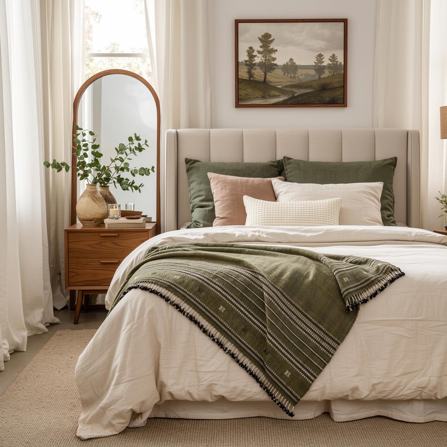 Olive Green Striped Indian Wool Throw Blanket, Handwoven Sofa Coverlet & Bed Runner - GARNET