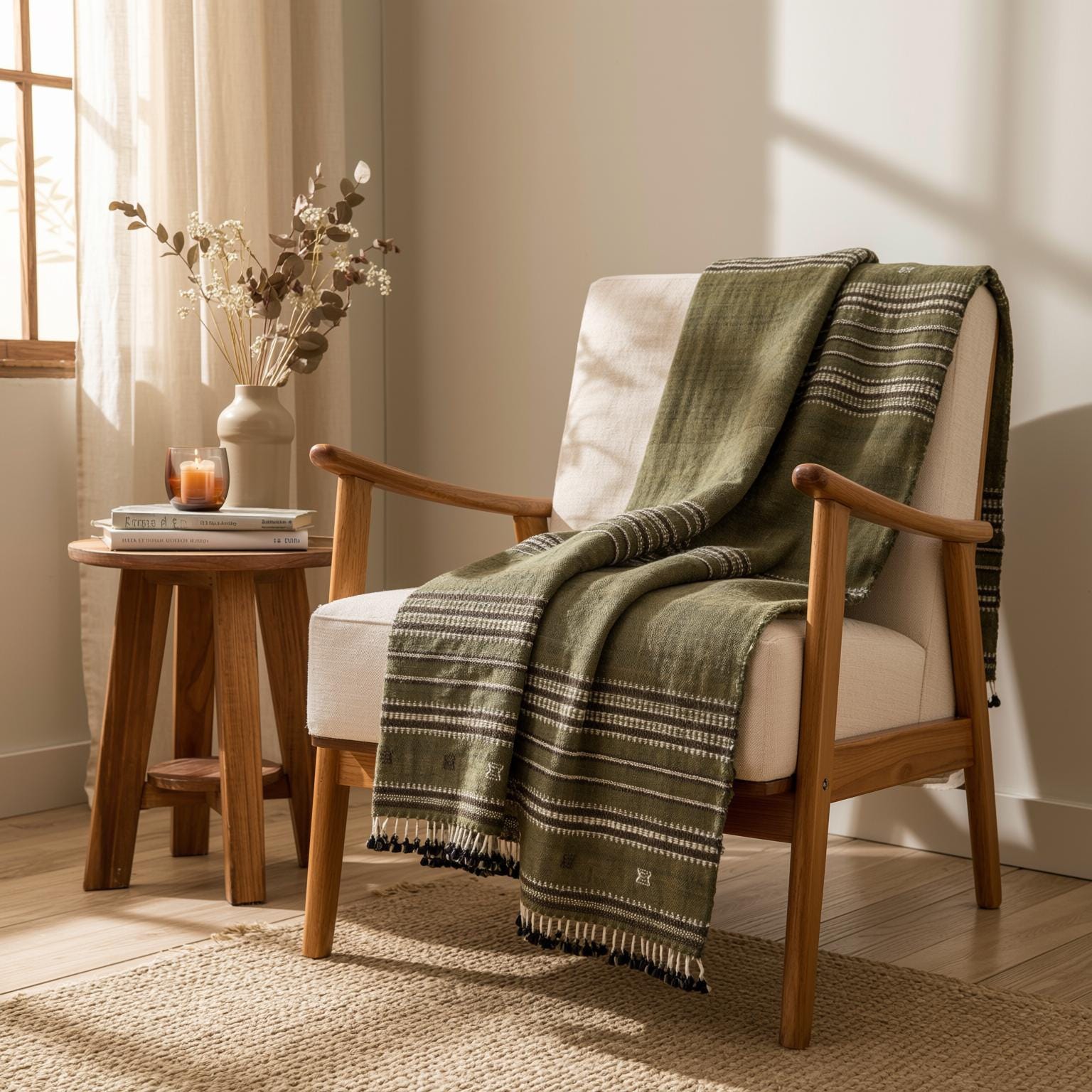 Olive Green Striped Indian Wool Throw Blanket, Handwoven Sofa Coverlet & Bed Runner - GARNET