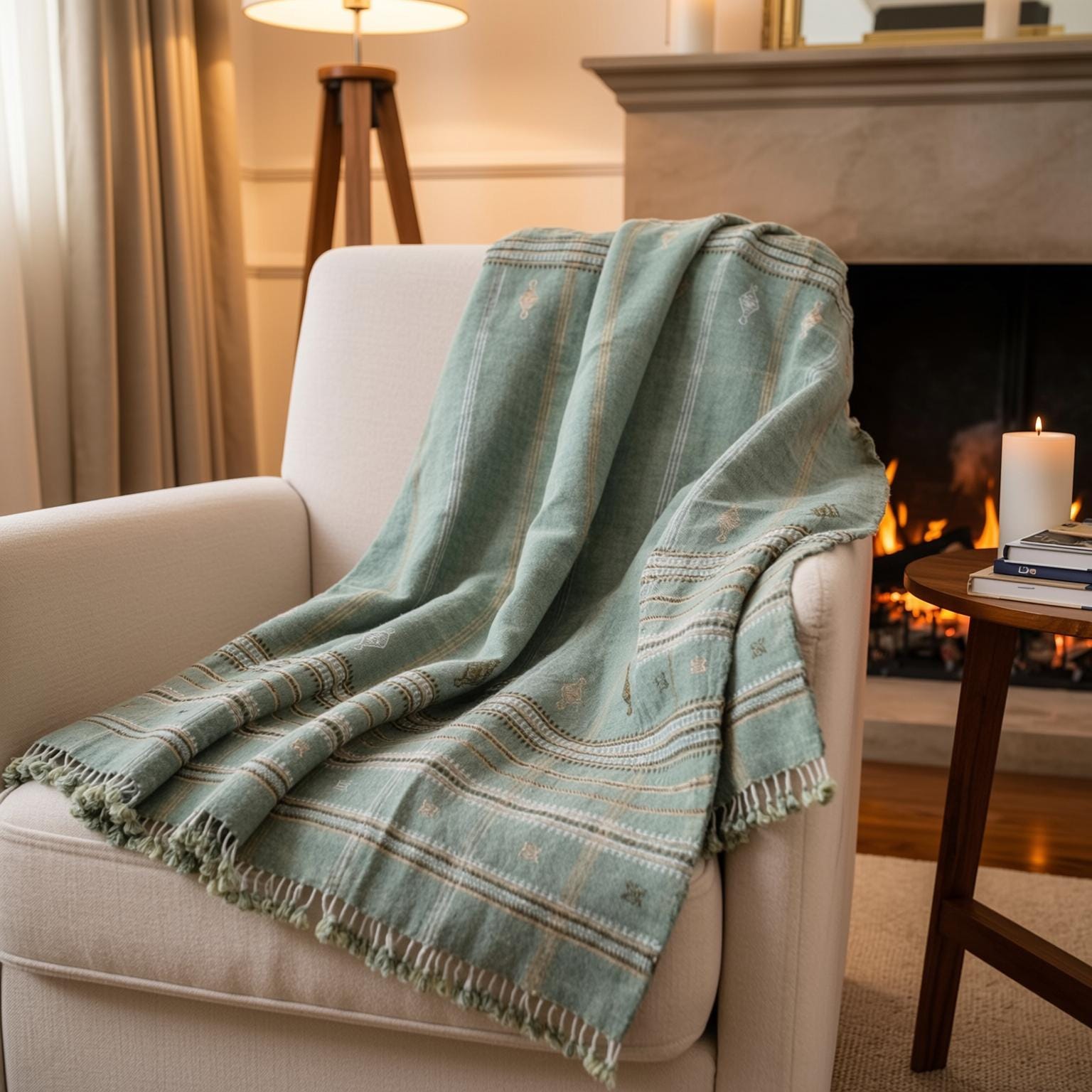 Sage Green Indian Wool Throw Blanket, Handwoven Sofa Coverlet & Lightweight Bed Runner - JADE