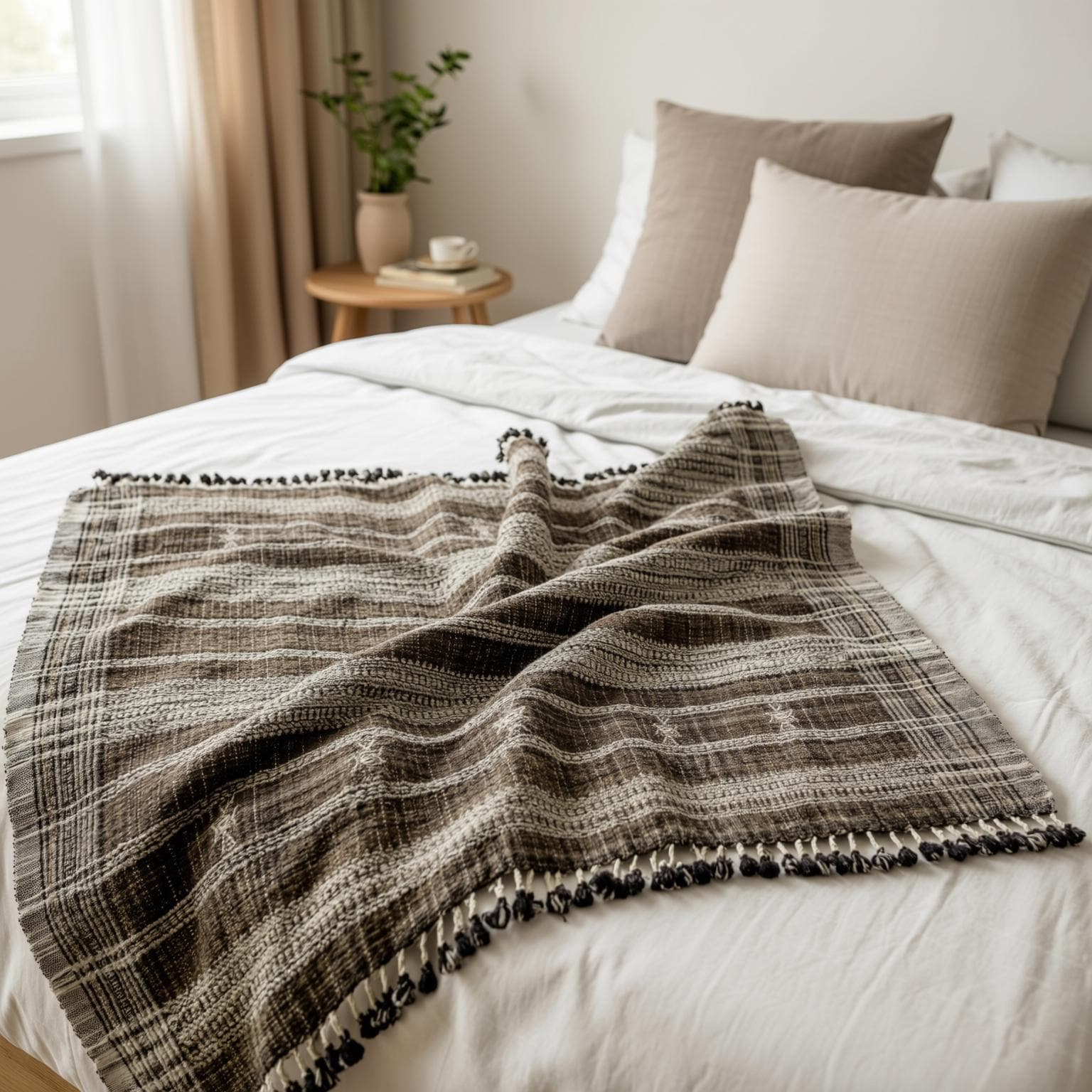 Brown Indian Wool Throw Blanket, Handwoven Sofa Coverlet & Rustic Bed Runner - SPHENE