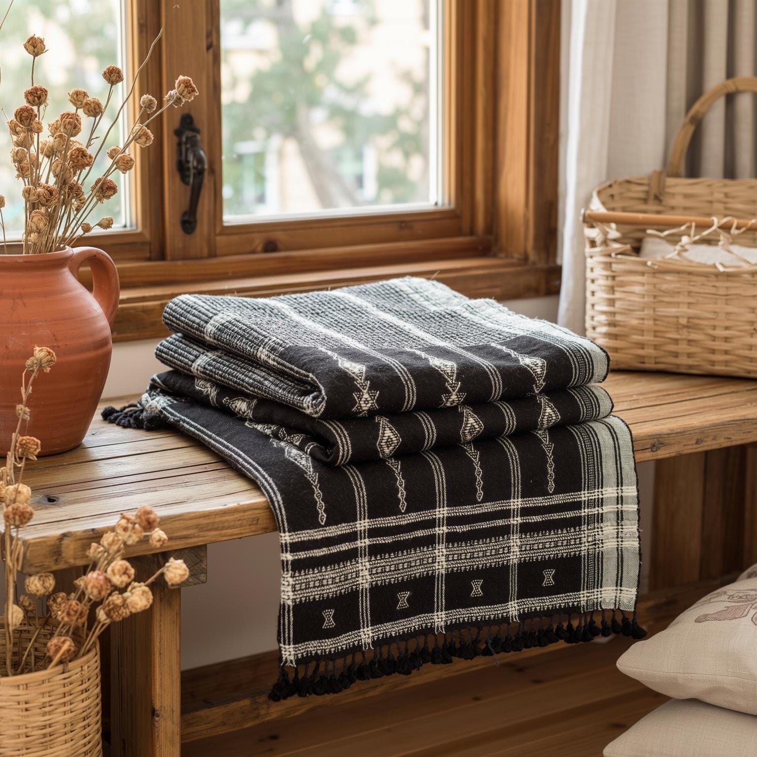 Brown Indian Wool Throw Blanket, Handwoven Sofa Coverlet & Rustic Bed Runner - CITRINE