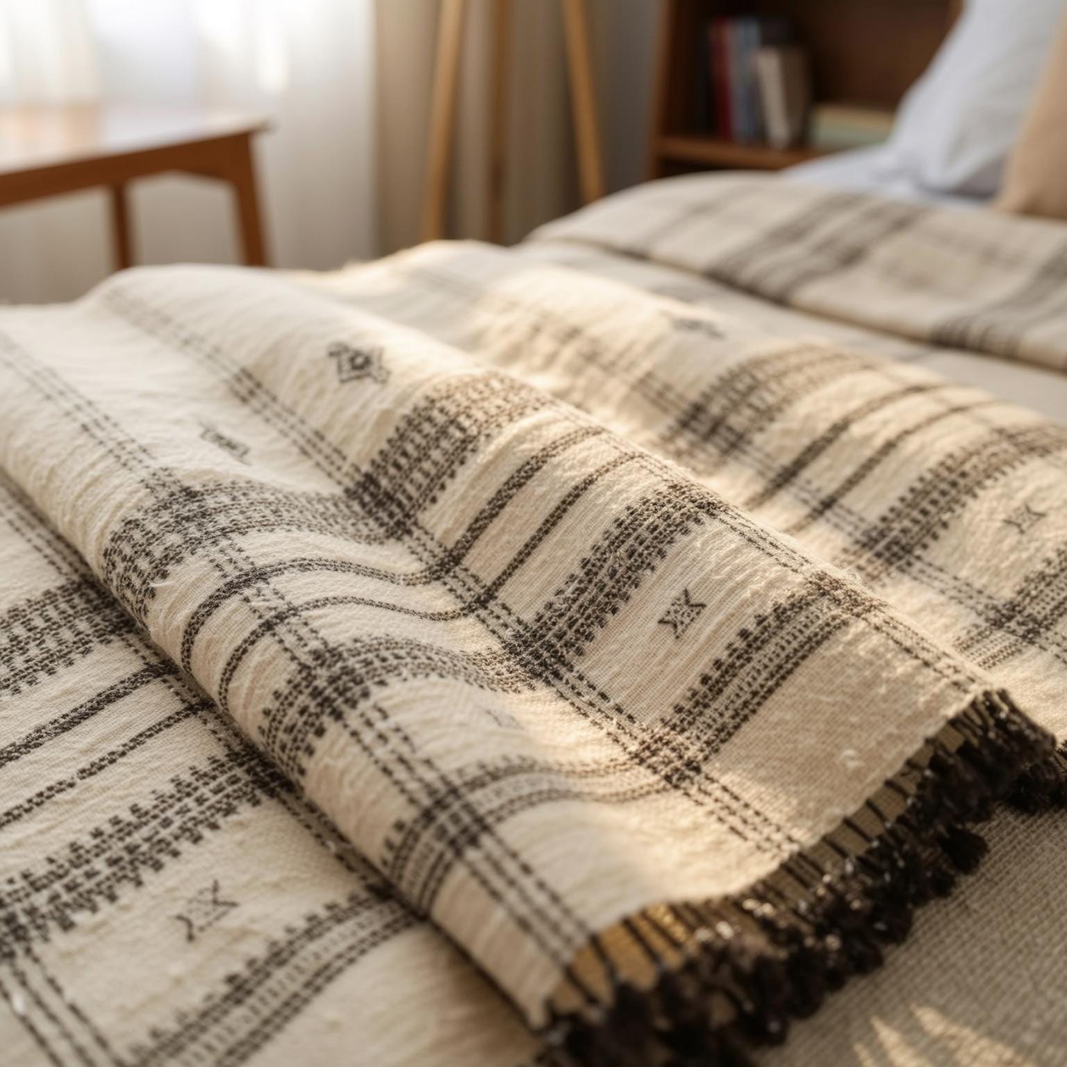 Off White Indian Wool Throw Blanket, Handwoven Sofa Coverlet & Neutral Bed Runner - PEARL