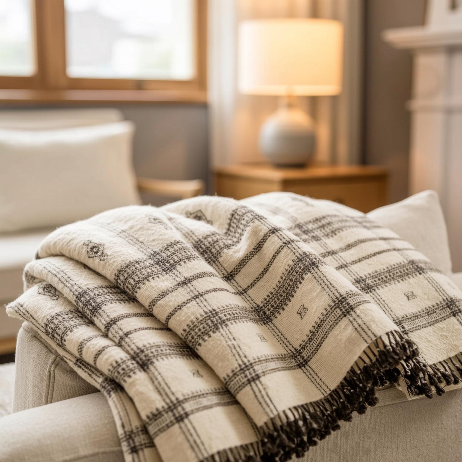 Off White Indian Wool Throw Blanket, Handwoven Sofa Coverlet & Neutral Bed Runner - PEARL