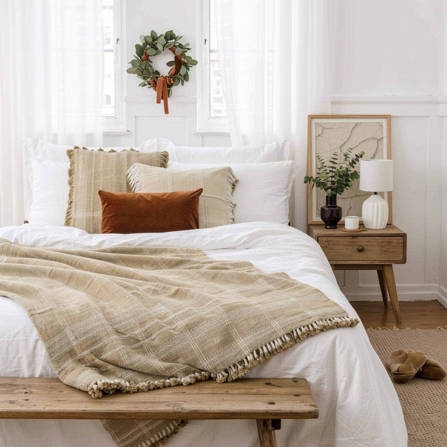 Tan Beige Indian Wool Throw Blanket, Handwoven Sofa Coverlet & Neutral Bed Runner - JASPER