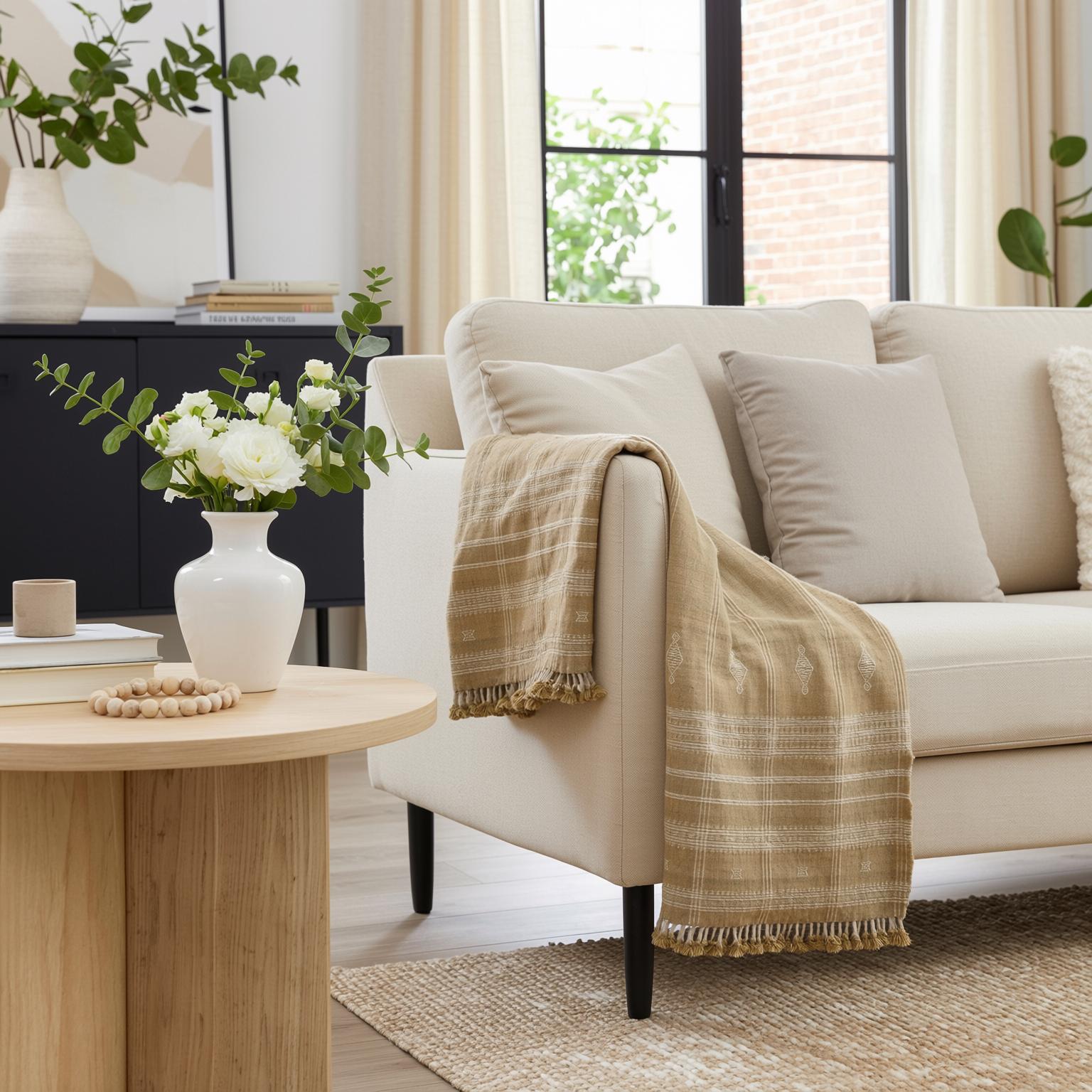 Tan Beige Indian Wool Throw Blanket, Handwoven Sofa Coverlet & Neutral Bed Runner - JASPER