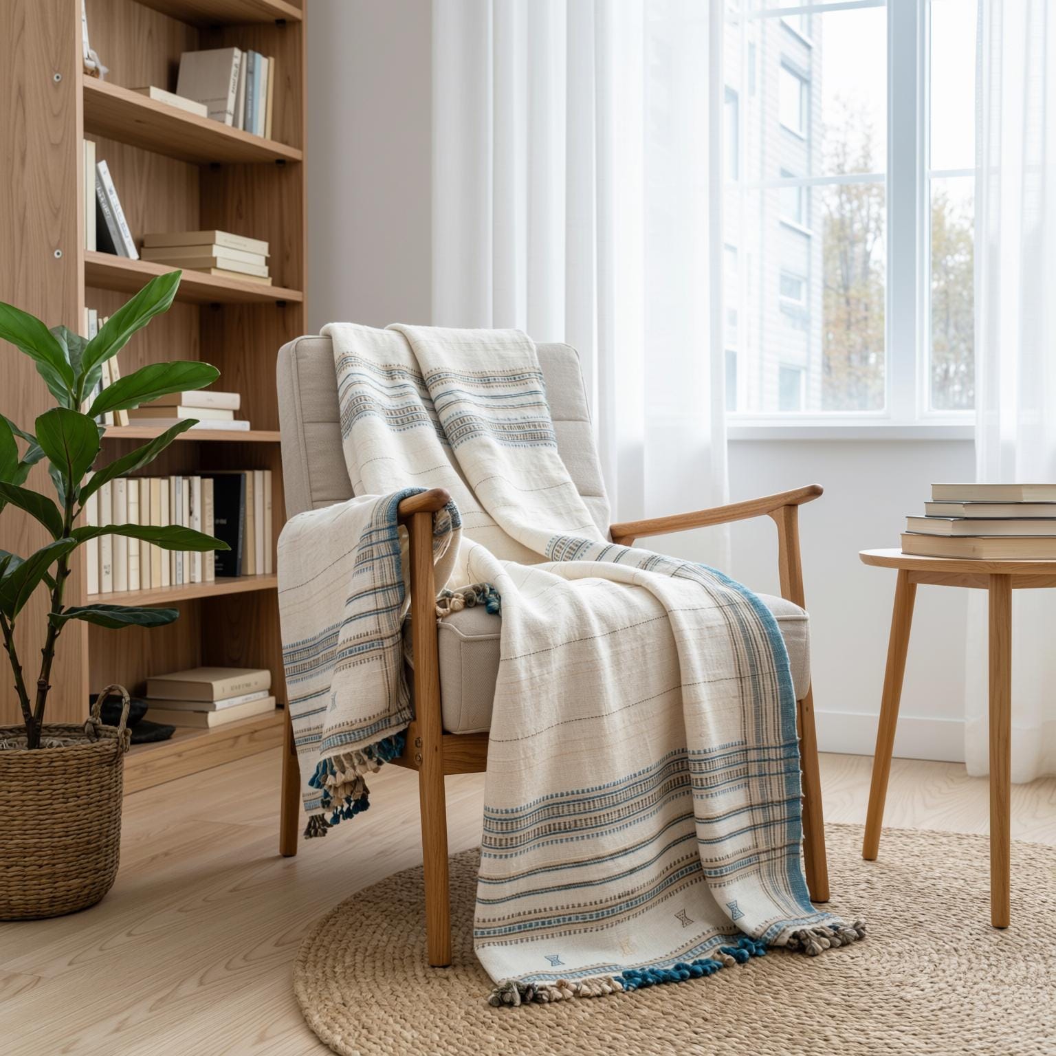 Ivory Indian Wool Throw Blanket, Handwoven Bed Coverlet & Minimalist Sofa Throw - DAZY
