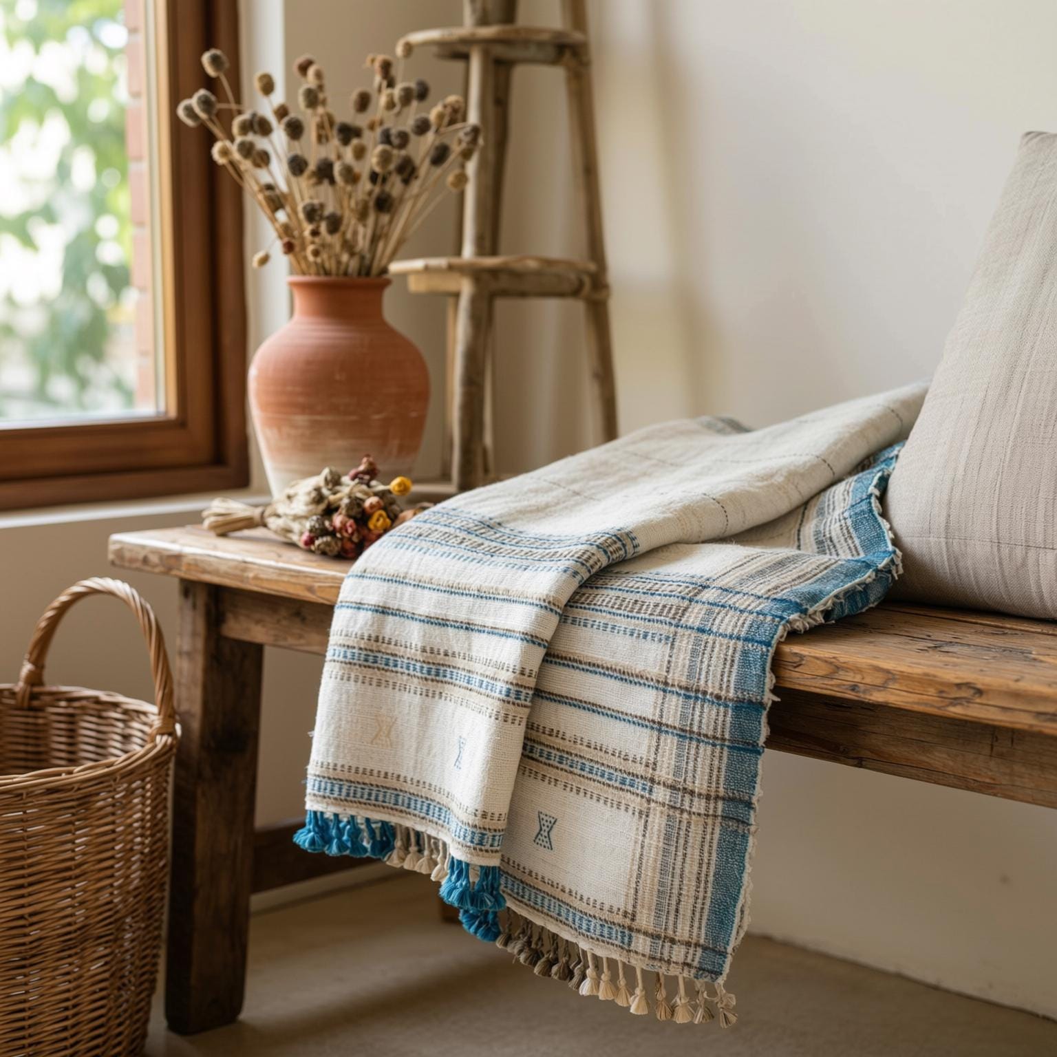 Ivory Indian Wool Throw Blanket, Handwoven Bed Coverlet & Minimalist Sofa Throw - DAZY