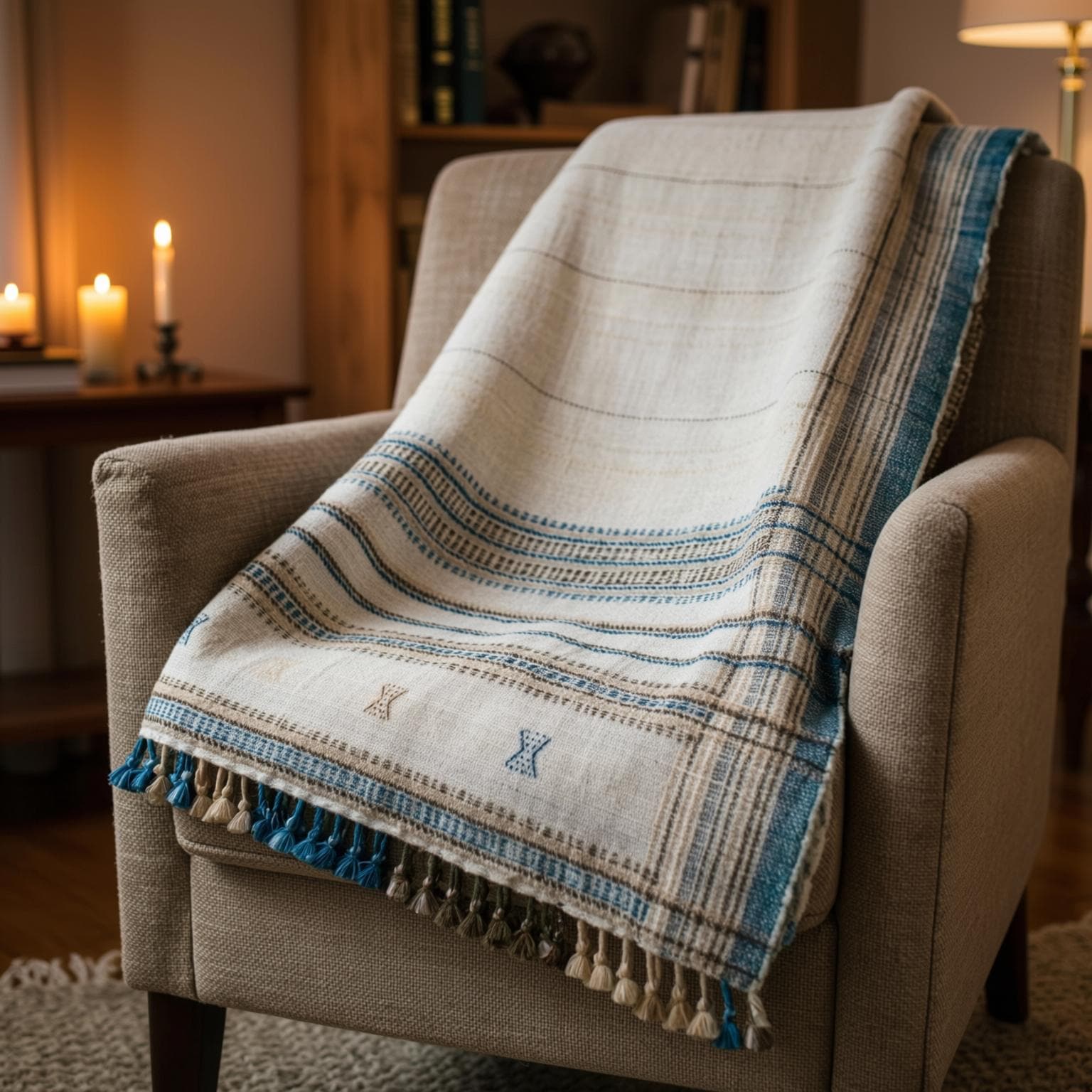 Ivory Indian Wool Throw Blanket, Handwoven Couch Coverlet with Cozy Minimalist Bedroom Layer - DAZY