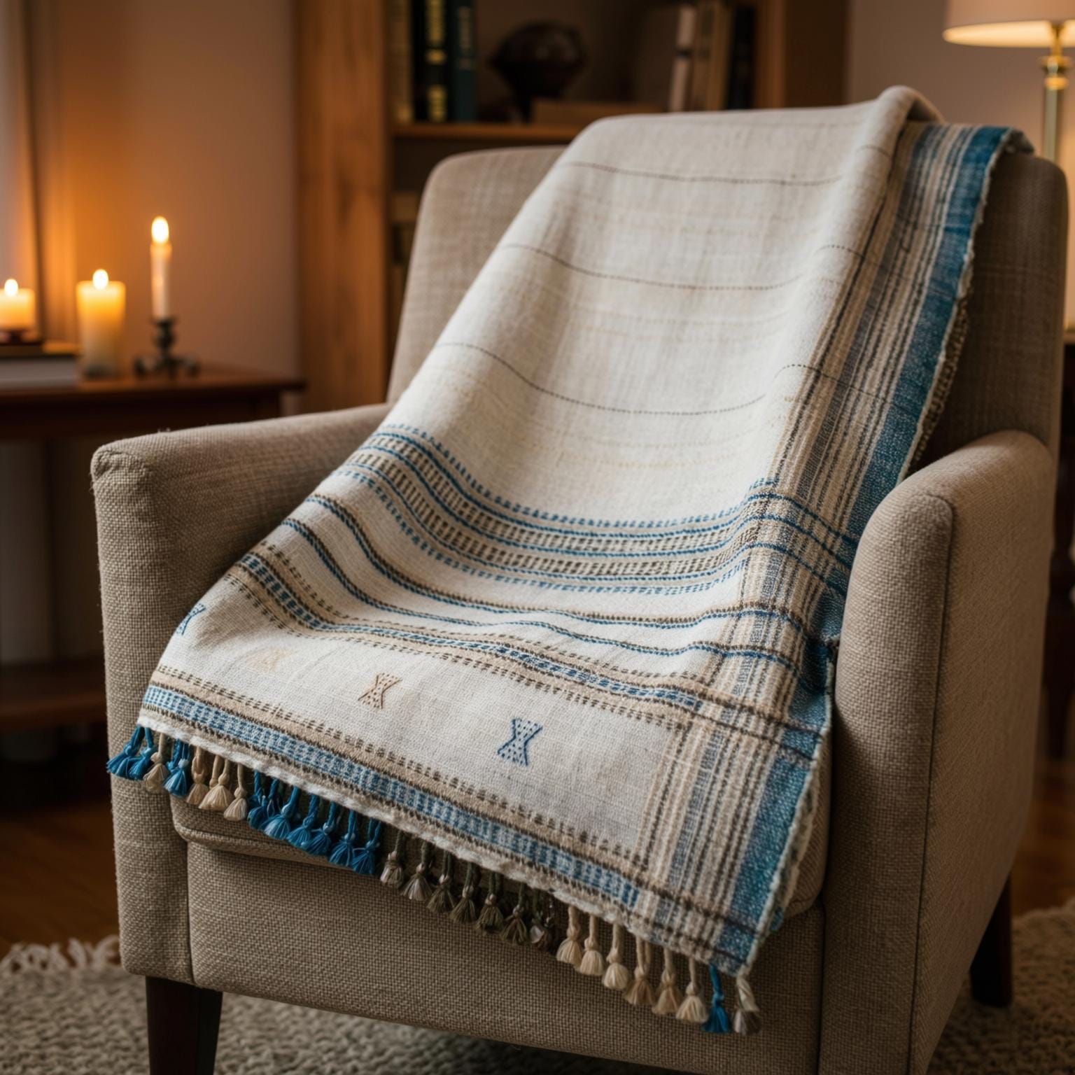 Ivory Indian Wool Throw Blanket, Handwoven Bed Coverlet & Minimalist Sofa Throw - DAZY