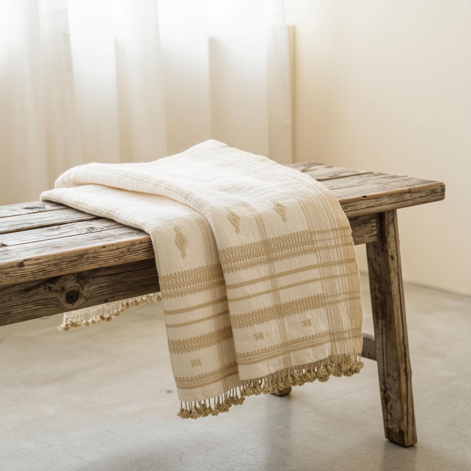 Off White Tan Indian Wool Throw Blanket, Handwoven Sofa Throw & Warm Neutral Bed Runner - HEERA
