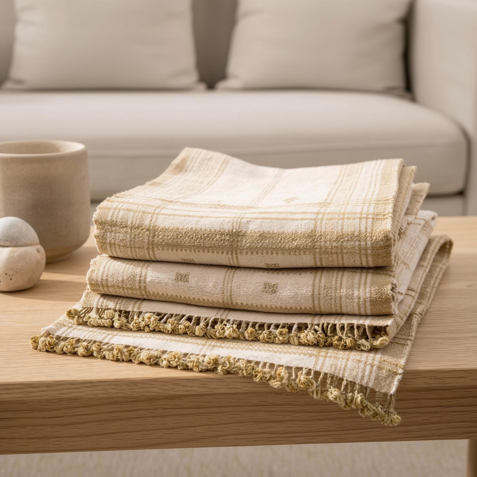 Off White Tan Indian Wool Throw Blanket, Handwoven Sofa Throw & Warm Neutral Bed Runner - HEERA