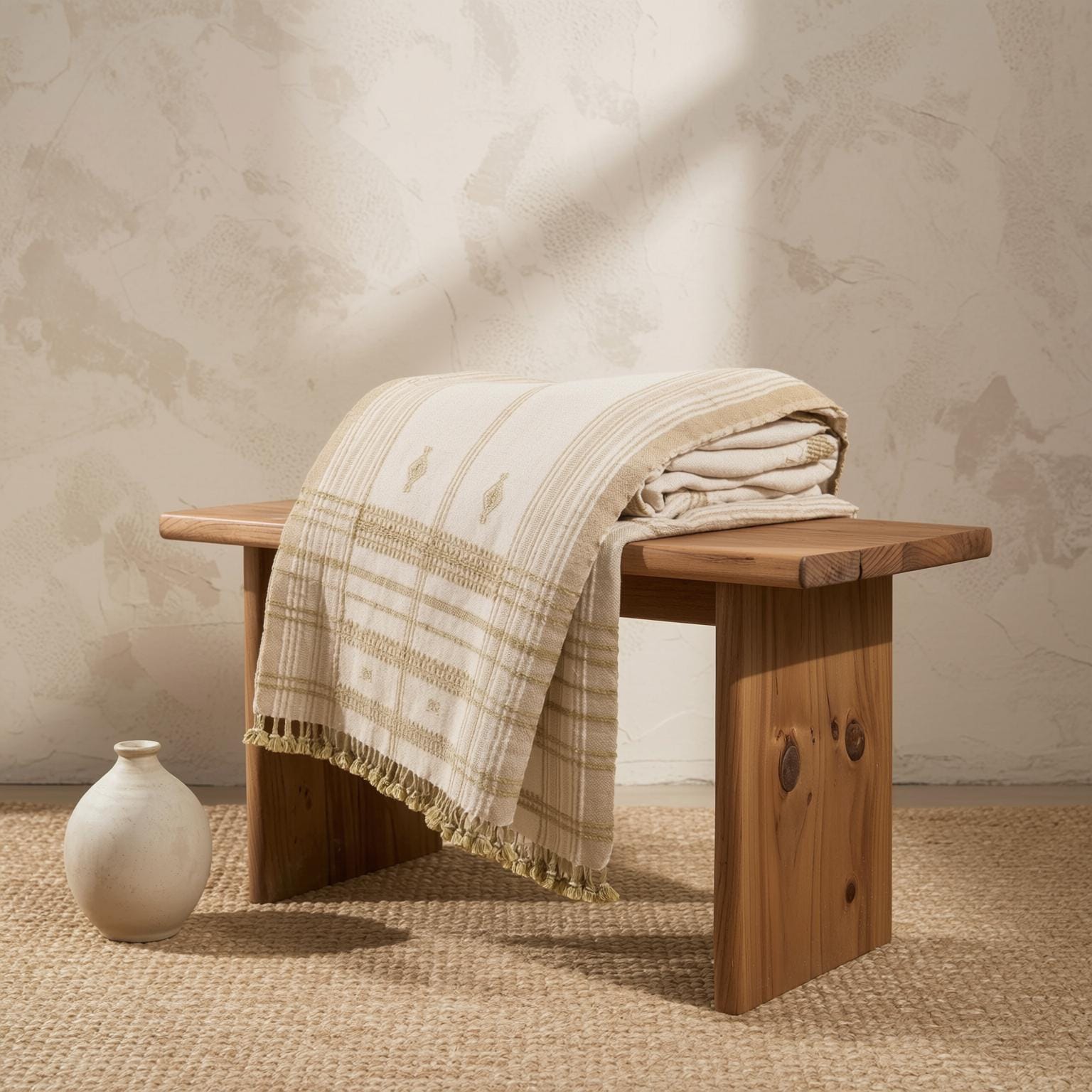 Off White Tan Indian Wool Throw Blanket, Handwoven Sofa Throw & Warm Neutral Bed Runner - HEERA