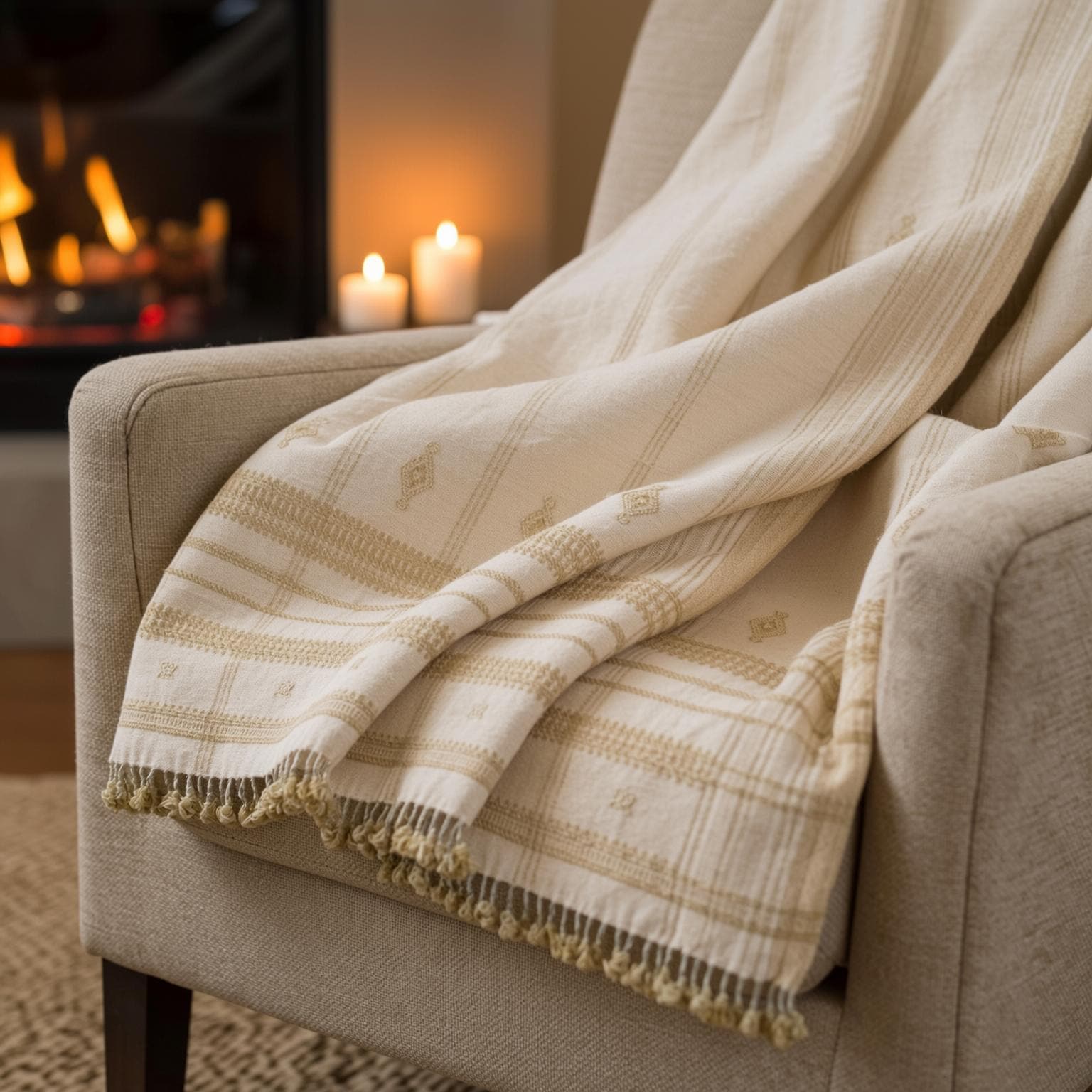 Off White Tan Indian Wool Throw Blanket, Handwoven Sofa Throw & Warm Neutral Bed Runner - HEERA