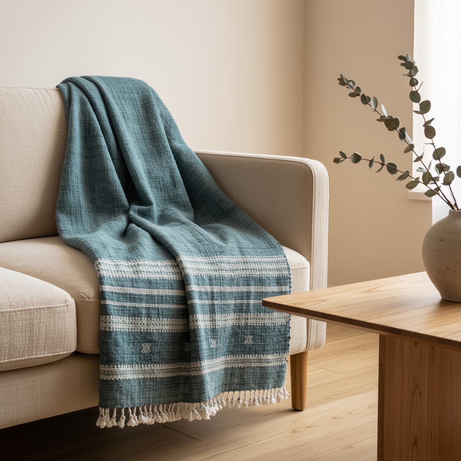 Vibrant Teal Blue Indian Wool Throw Blanket, Handwoven Boho Sofa Cover & Bed Runner - NEELAM