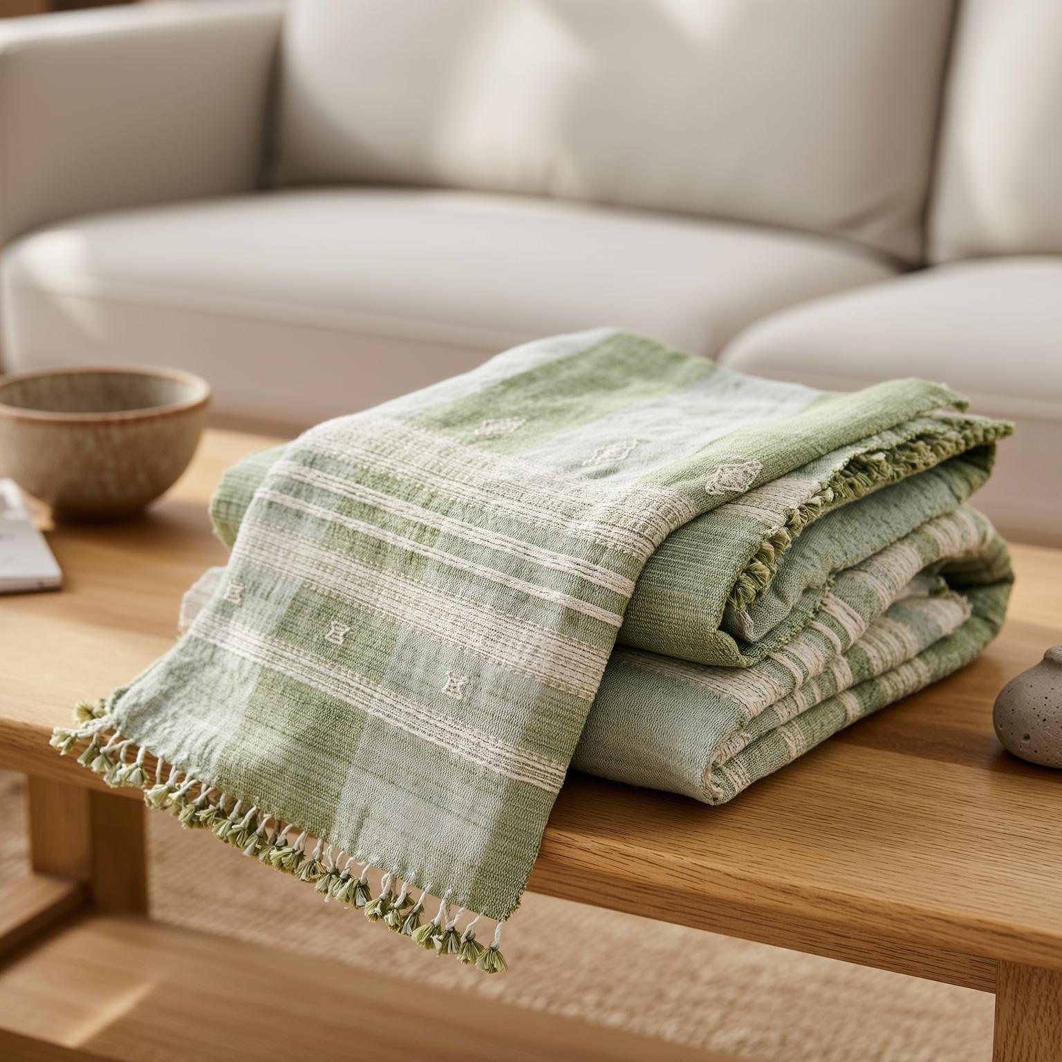 Sage Green Indian Wool Throw Blanket, Handwoven Sofa Coverlet & Neutral Bed Runner - SAGE