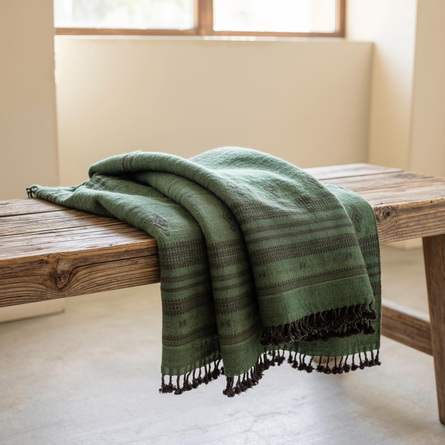 Green Indian Wool Throw Blanket, Handwoven Sofa Coverlet & Earthy Bed Runner - BASIL